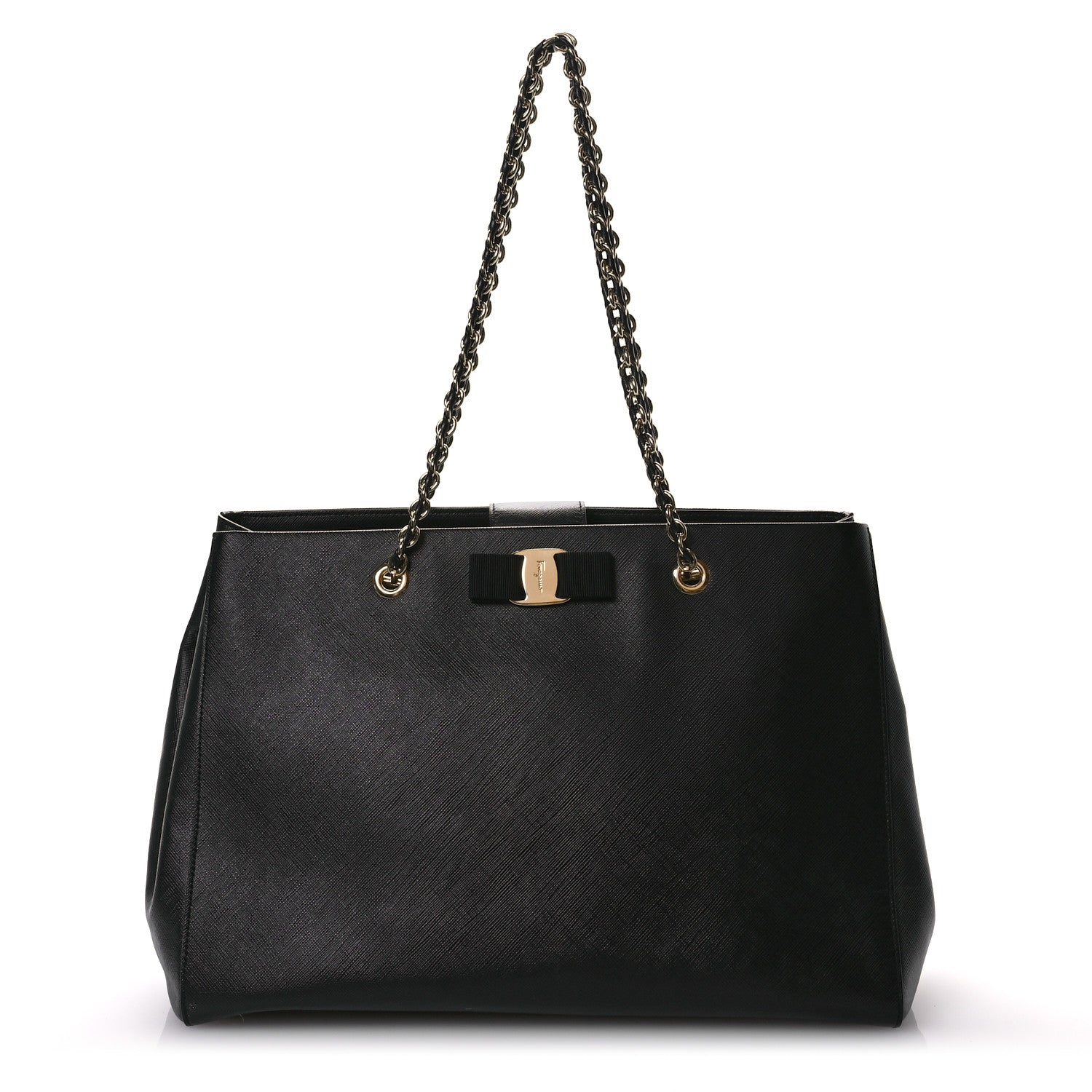 Salvatore Ferragamo Printed Calfskin Vara Bow Chain Tote Black