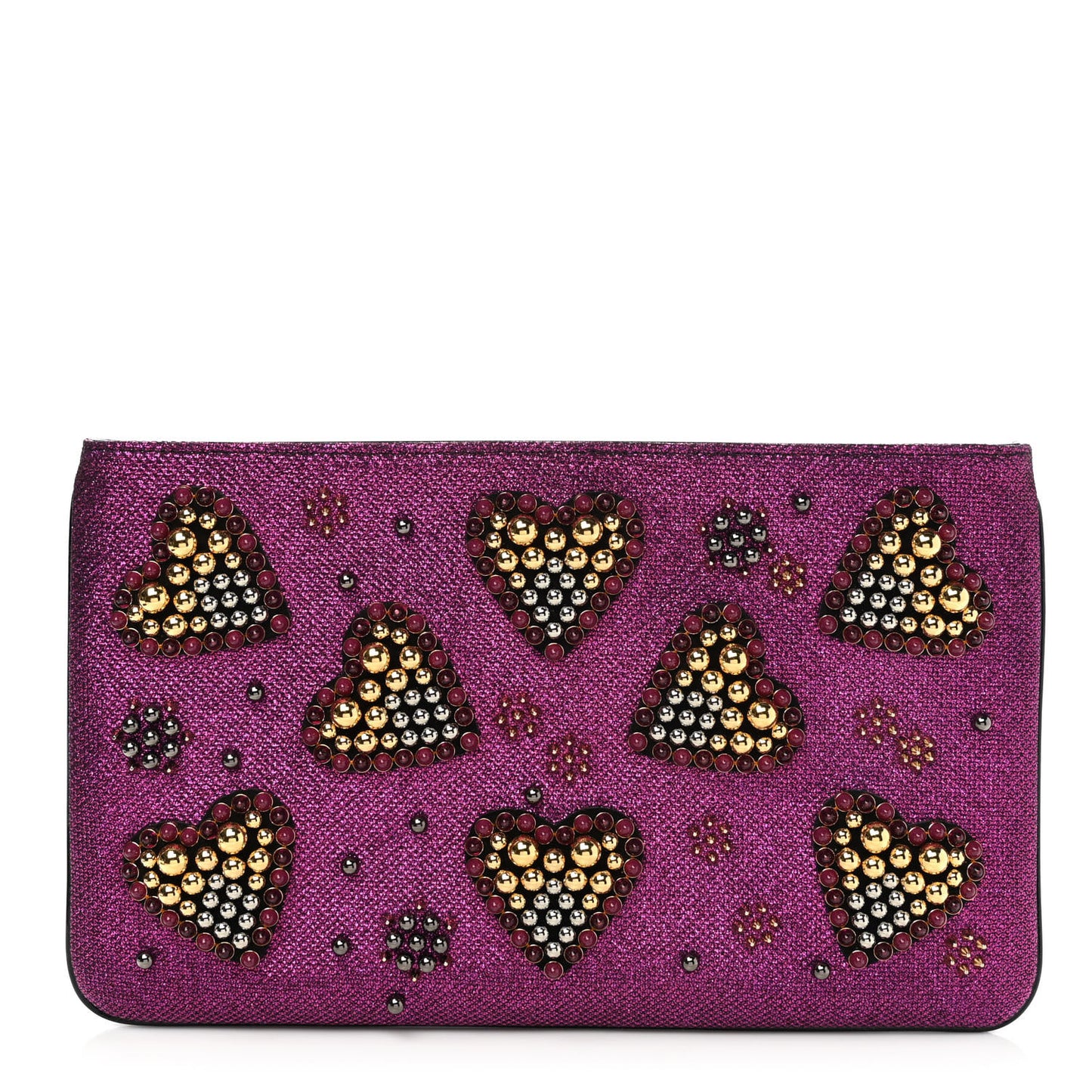 Metallic Raffia Studded Loubiposh Chain Clutch Magenta