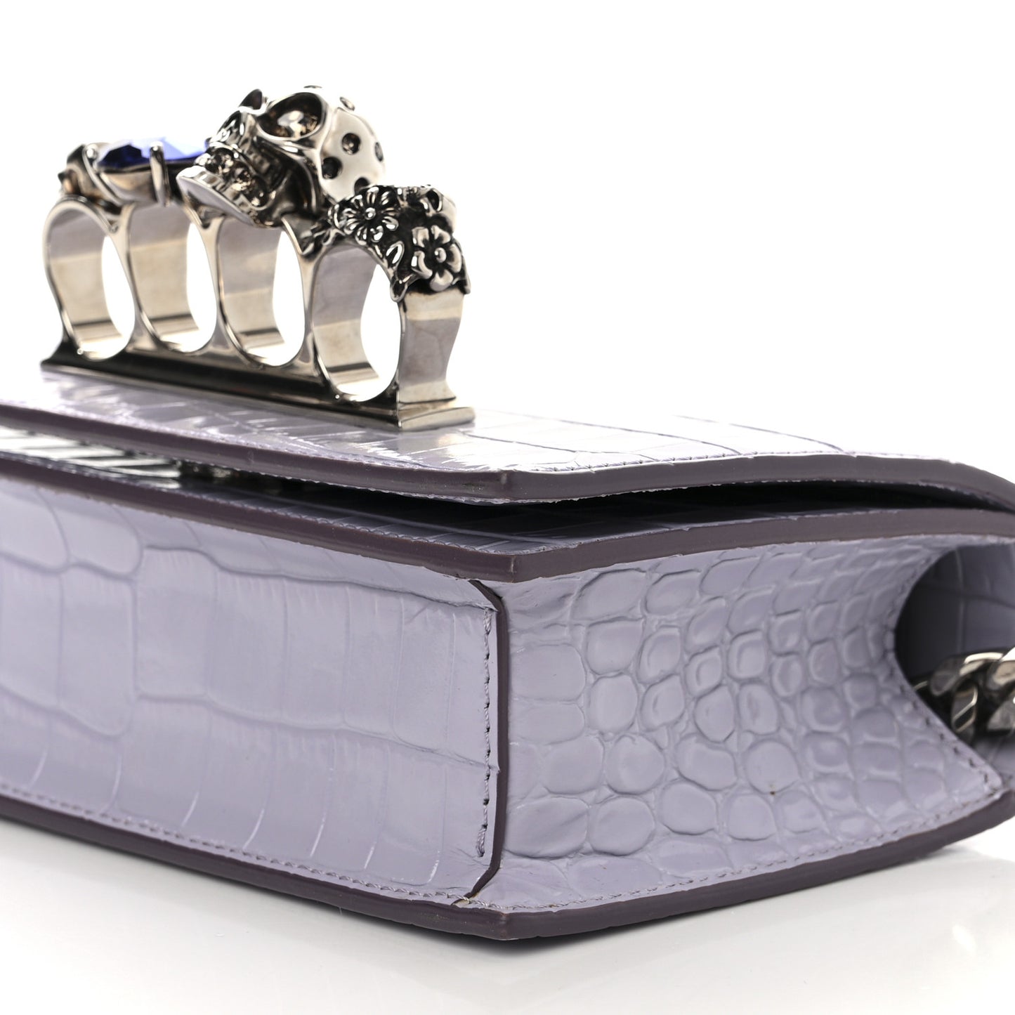 Shiny Crocodile Embossed Jeweled Satchel Lavender