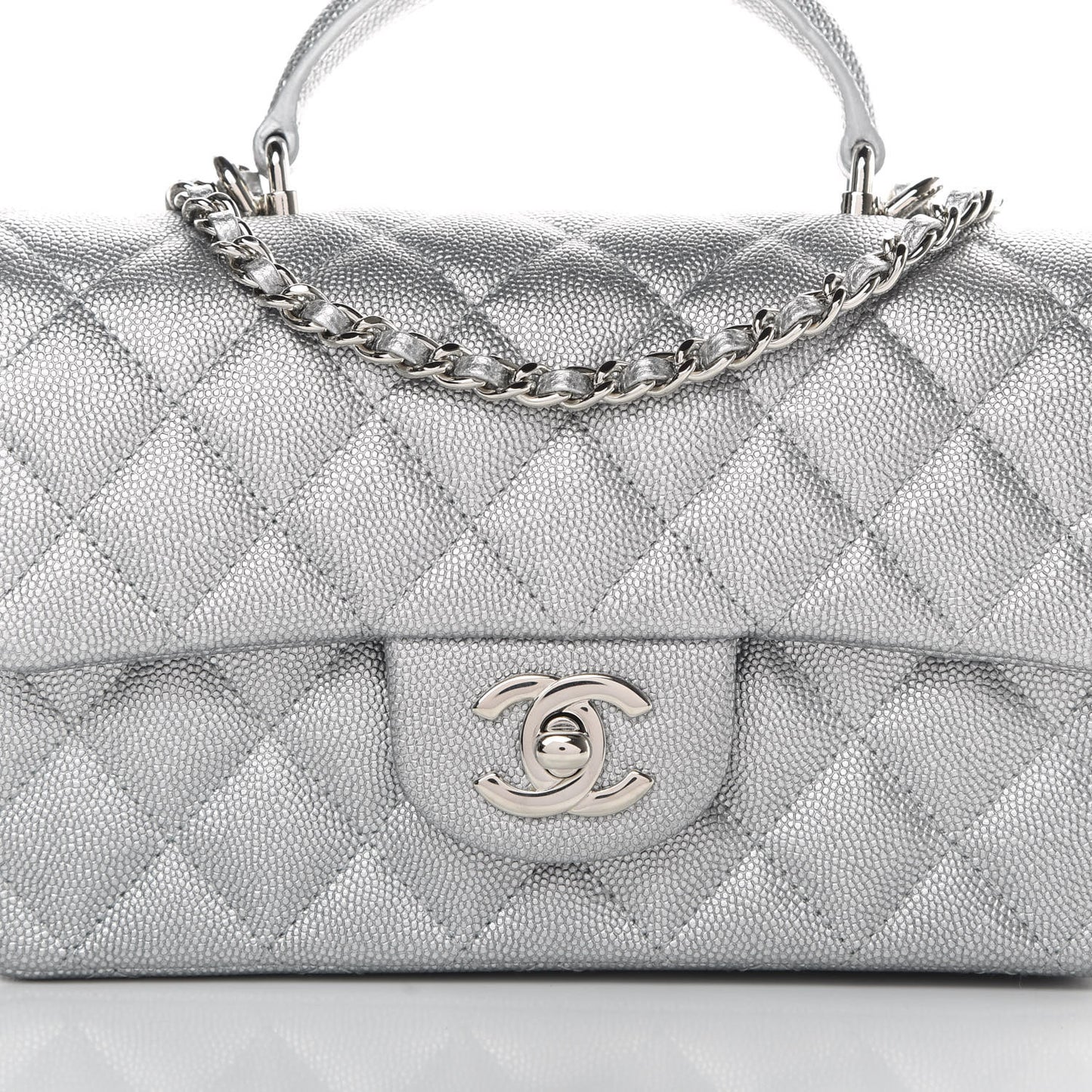 Metallic Caviar Quilted Mini Top Handle Rectangular Flap Silver