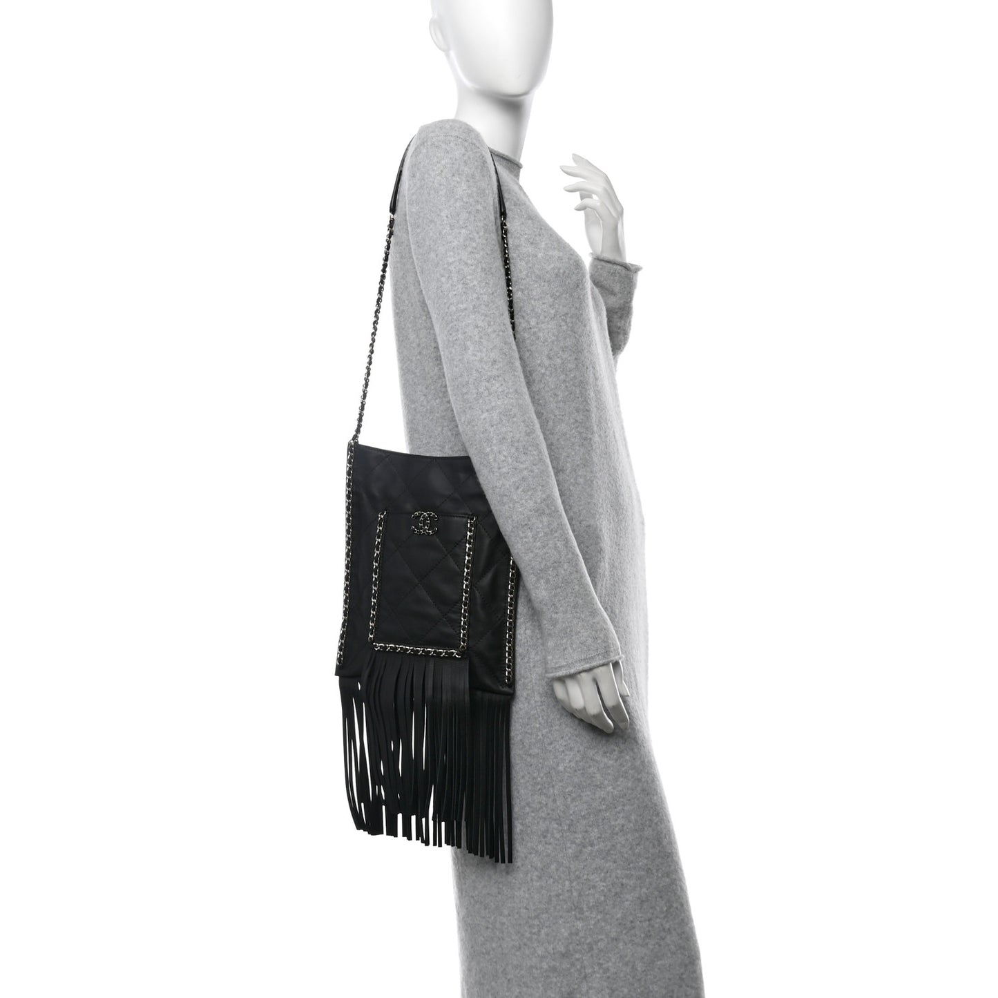 Calfskin Quilted Fringe Small Shopping Bag Black