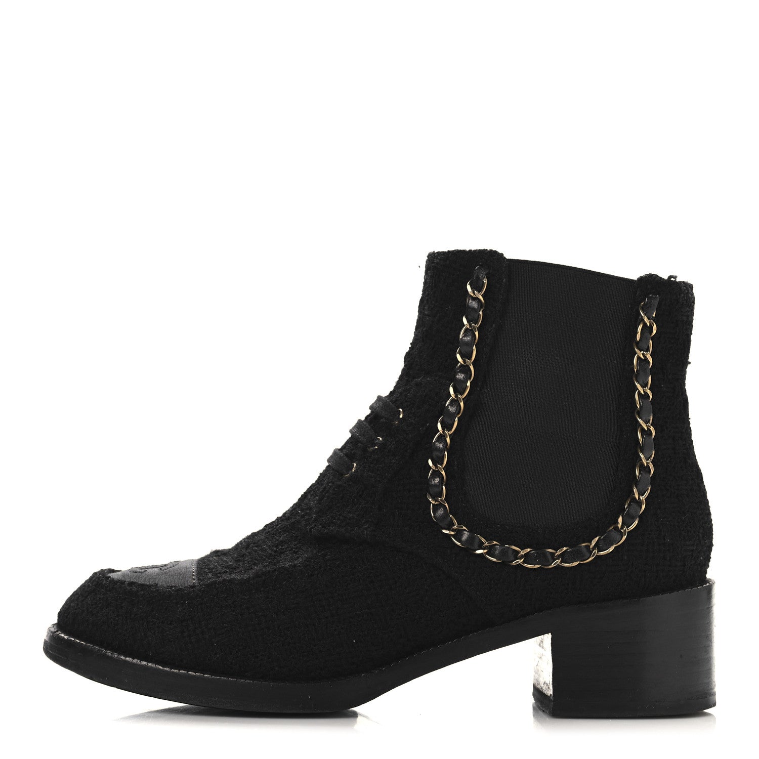 Chanel Tweed Calfskin Chain Lace Up Boots 37.5 Black 1743921