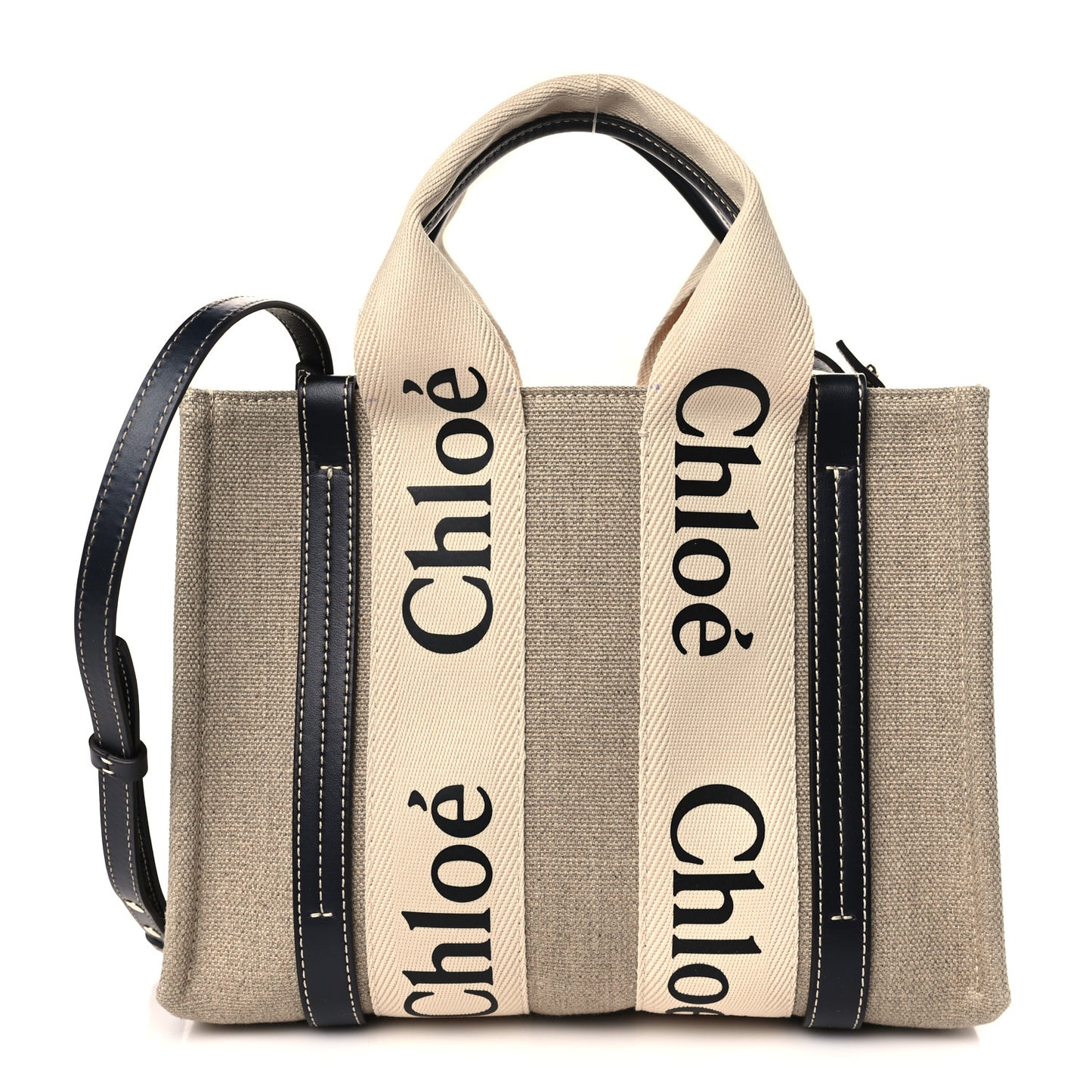 Cotton Calfskin Small Woody Ribbon Tote With Strap White Navy