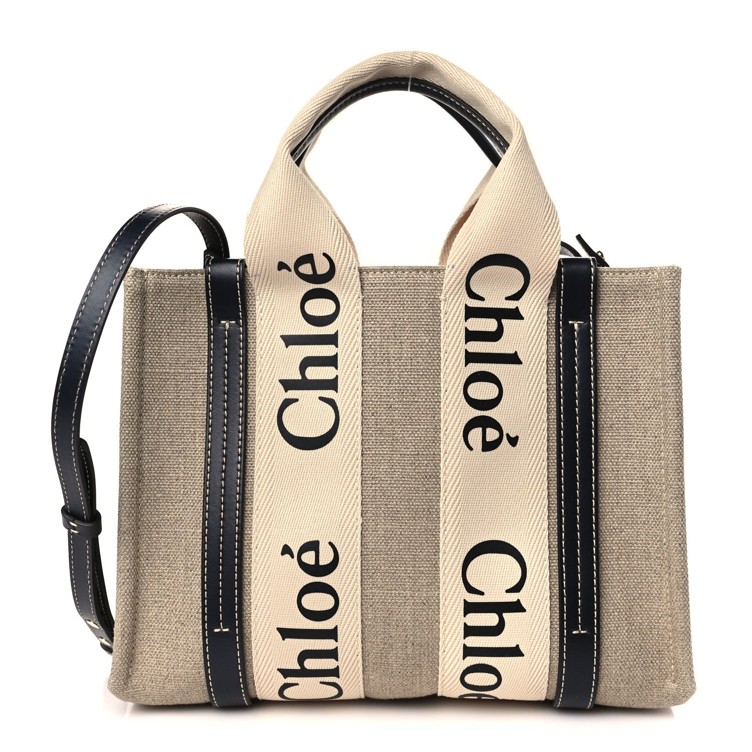 Chloe Cotton Calfskin Small Woody Ribbon Tote With Strap White Navy 1 of 9