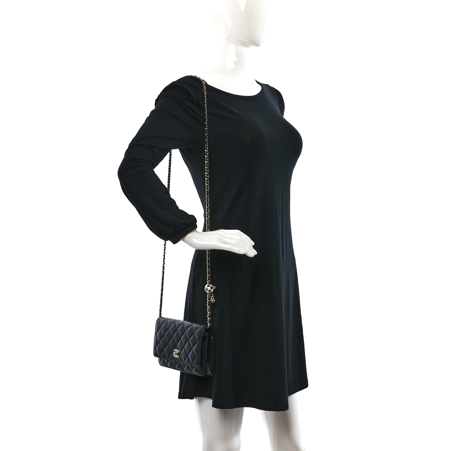 Lambskin Enamel Quilted Pearl Crush Wallet On Chain WOC Black