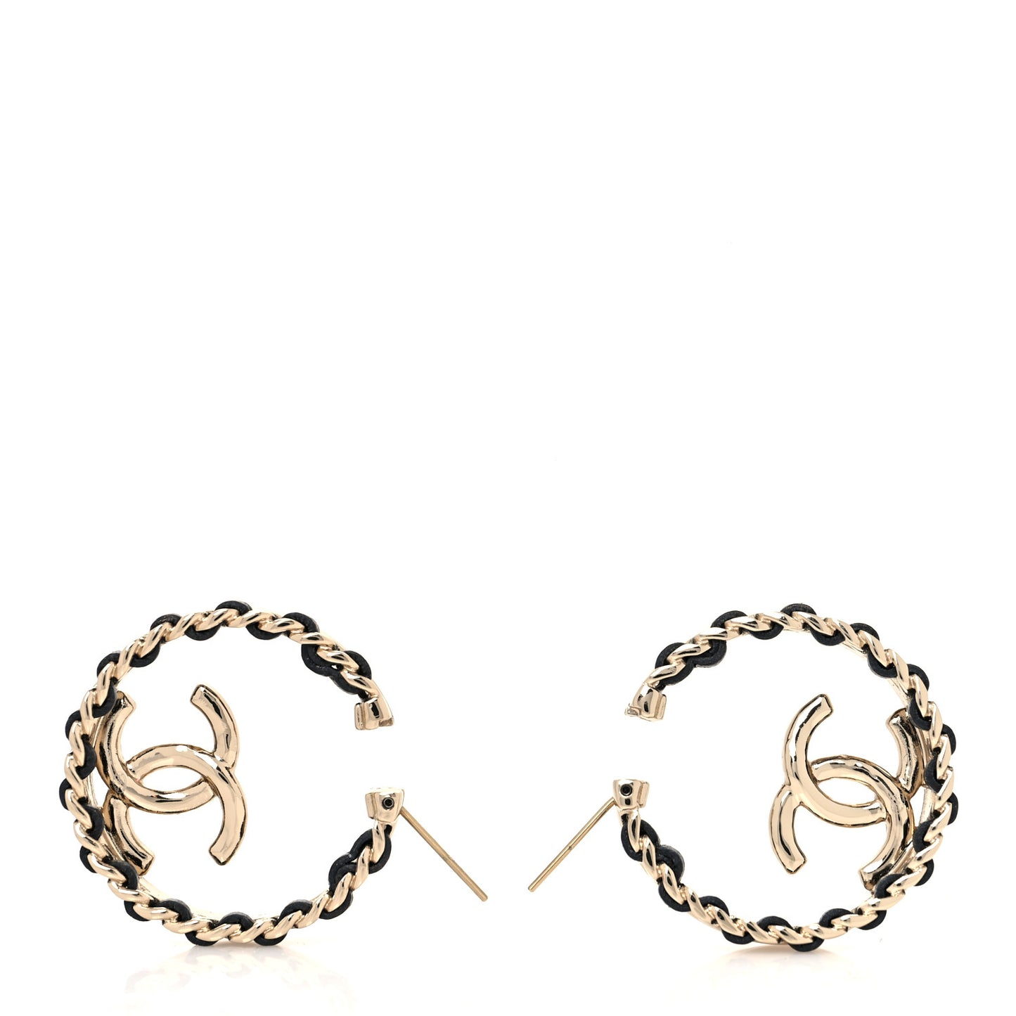 Lambskin CC Chain Hoop Earrings Black Gold