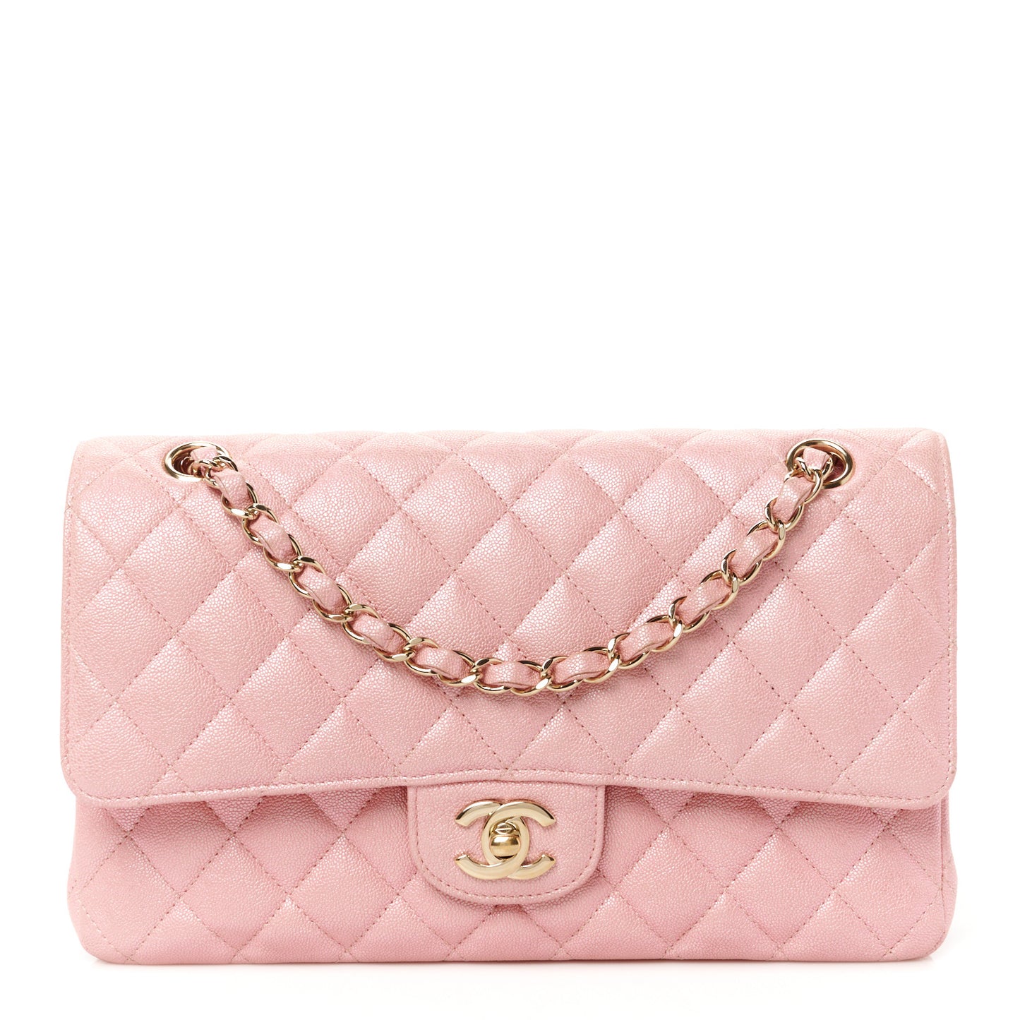 Iridescent Caviar Quilted Medium Double Flap Rose Pink