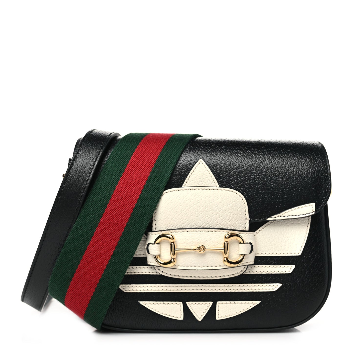 X ADIDAS Textured Dollar Calfskin Web Trefoil Mini Horsebit 1955 Shoulder Bag Black Off White