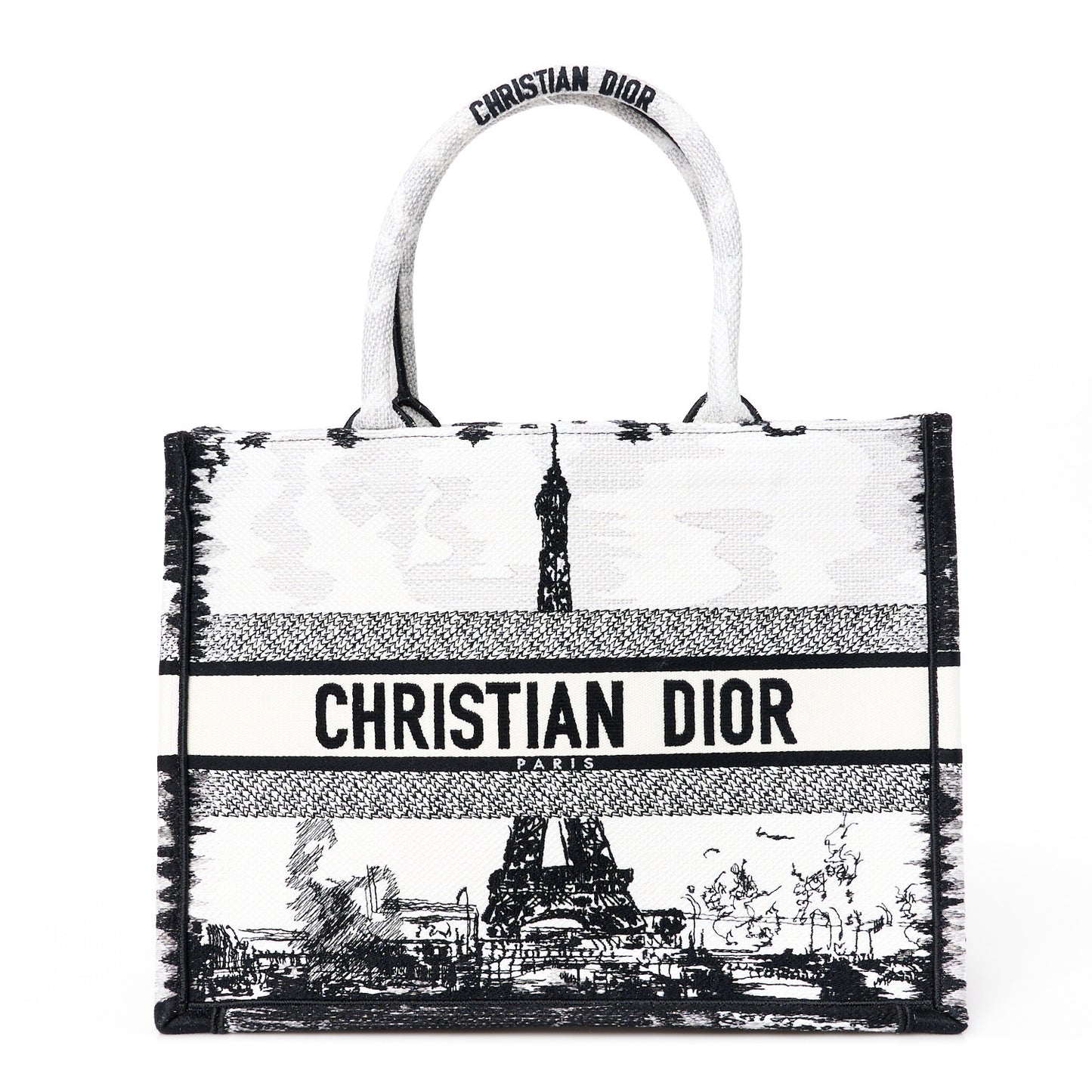 Canvas Embroidered Medium Paris Book Tote White Black
