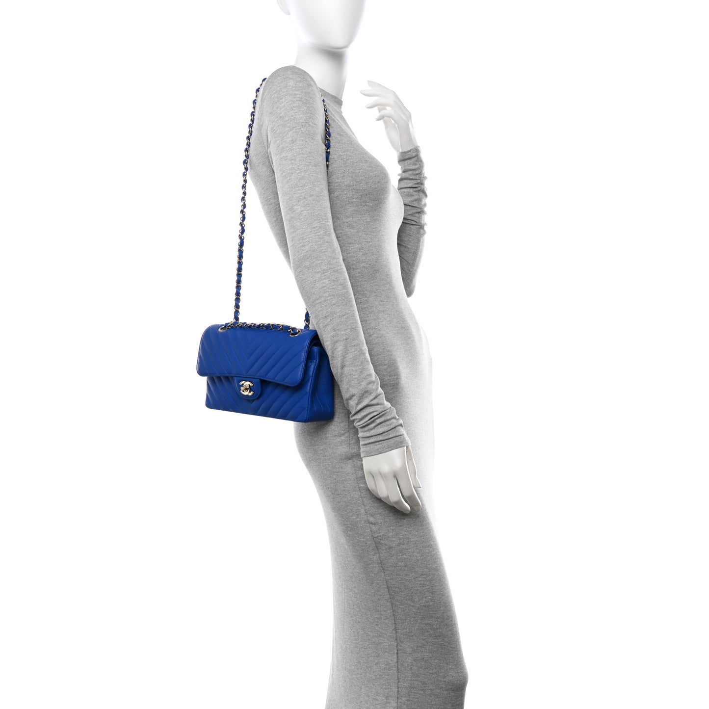 Caviar Chevron Quilted Small Double Flap Blue