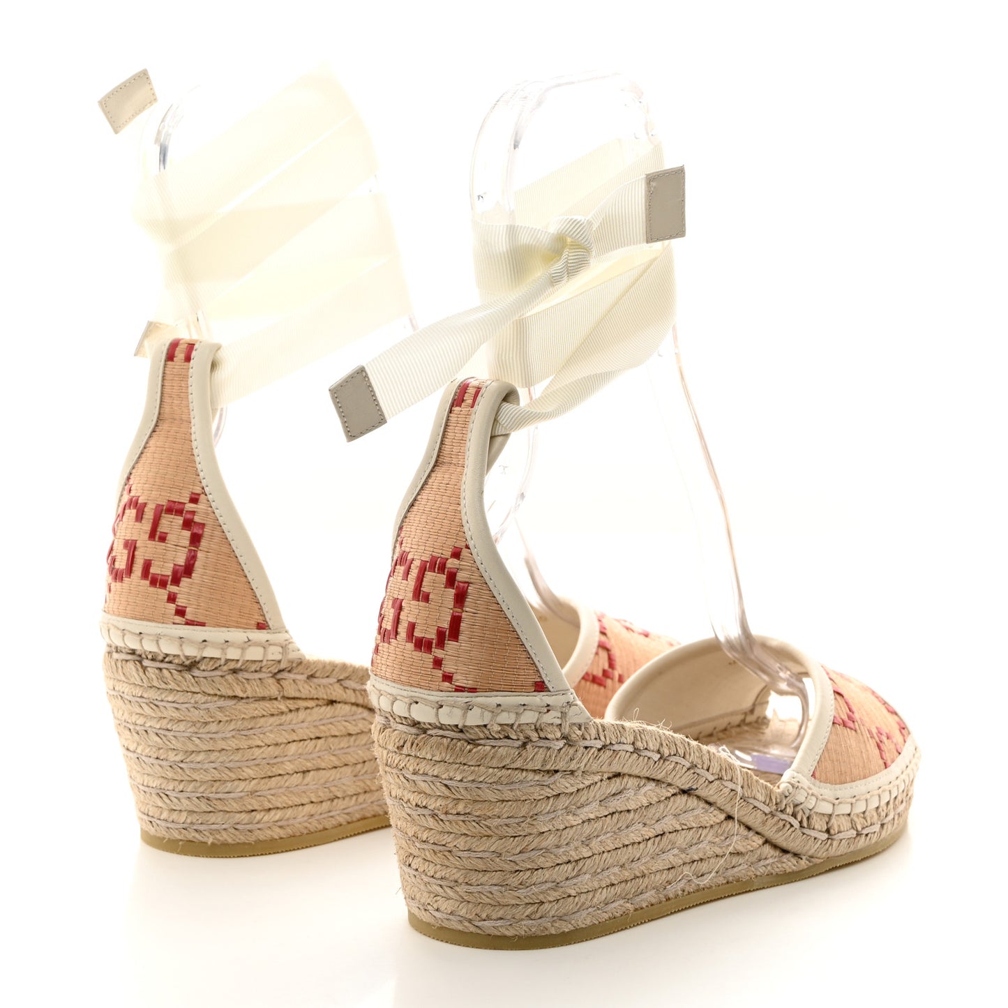 GG Raffia Monogram Ankle Wrap Platform Espadrille Wedge Sandals 40 Beige