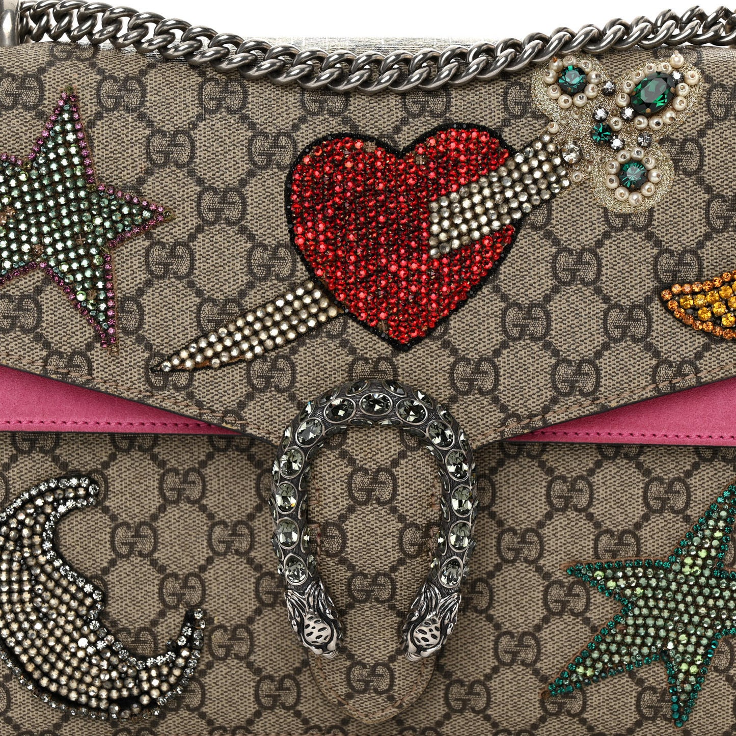 GG Supreme Monogram Suede Pierced Heart Embroidered Medium Dionysus Shoulder Bag Beige Ebony Pink Tropical Flower
