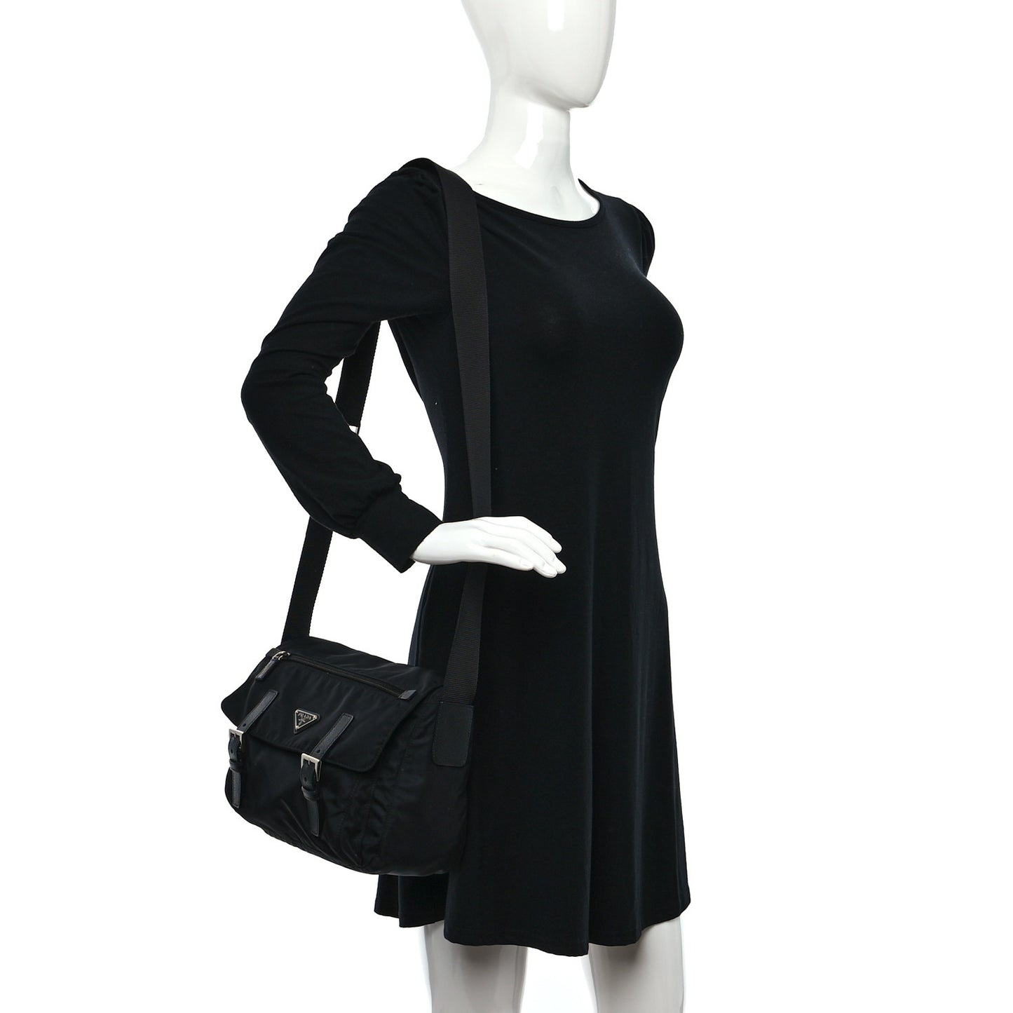 Re-Nylon Vela Saffiano Double Buckle Messenger Shoulder Bag Black