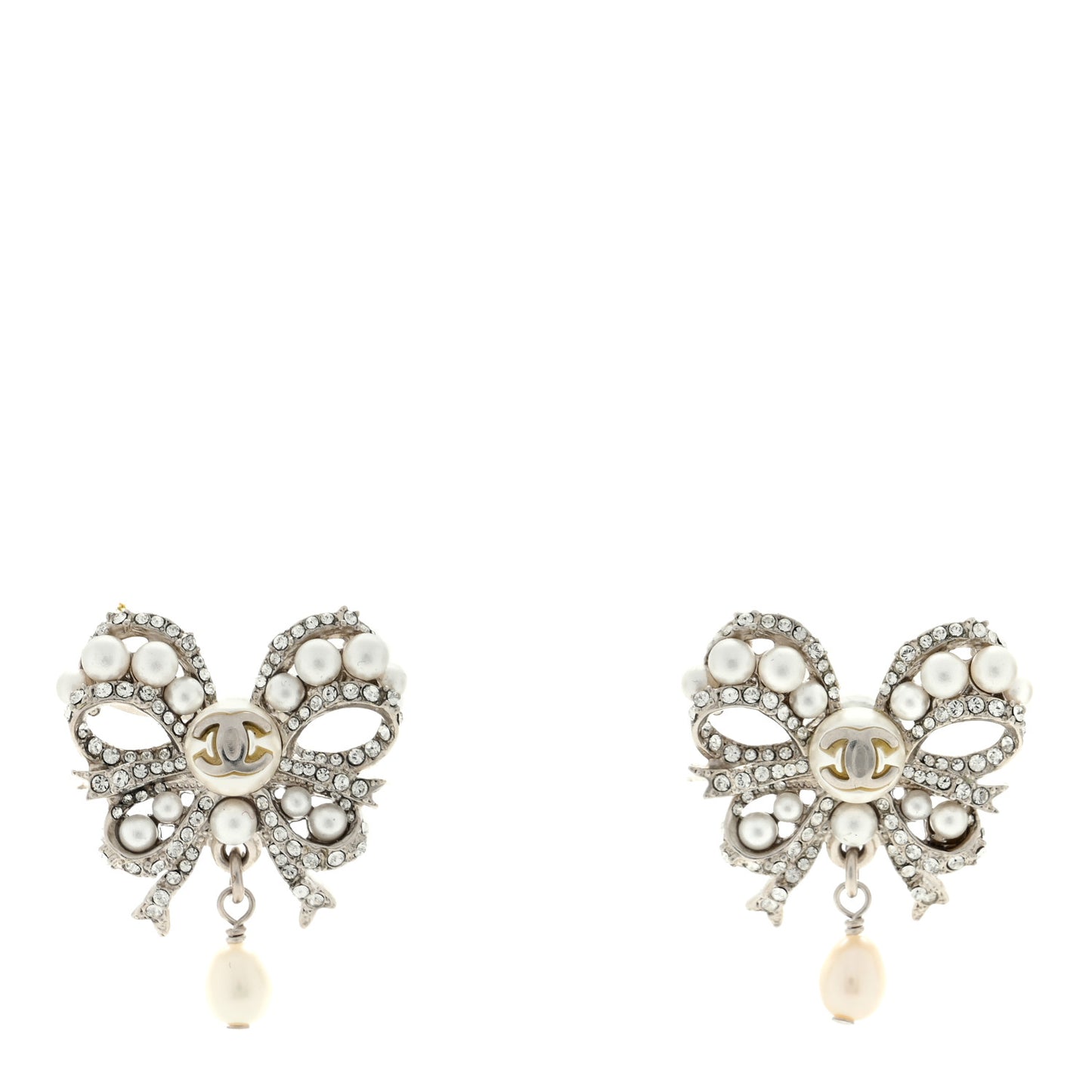 Crystal Pearl Bow CC Earrings Silver