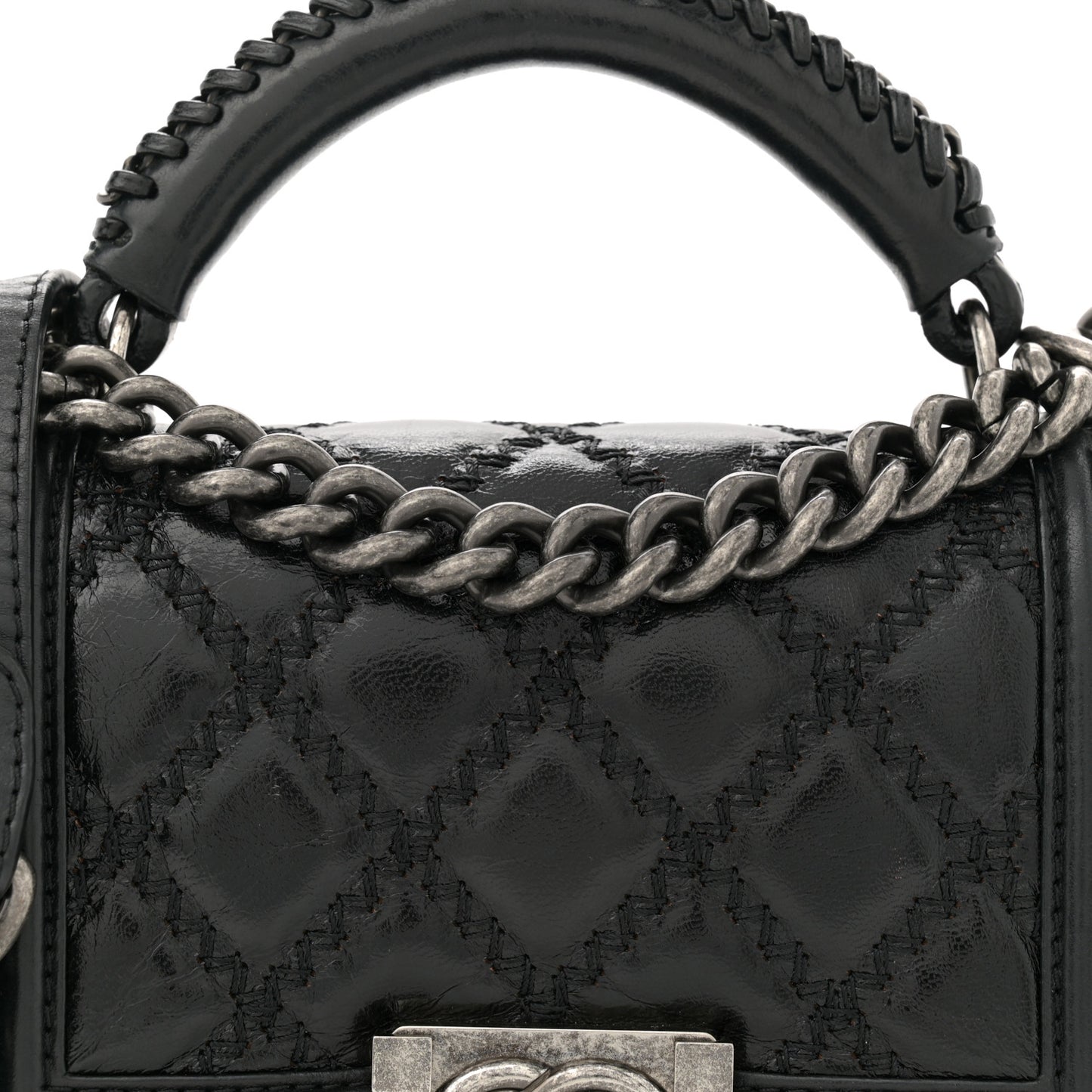 Goatskin Quilted Small Boy Top Handle Flap Black