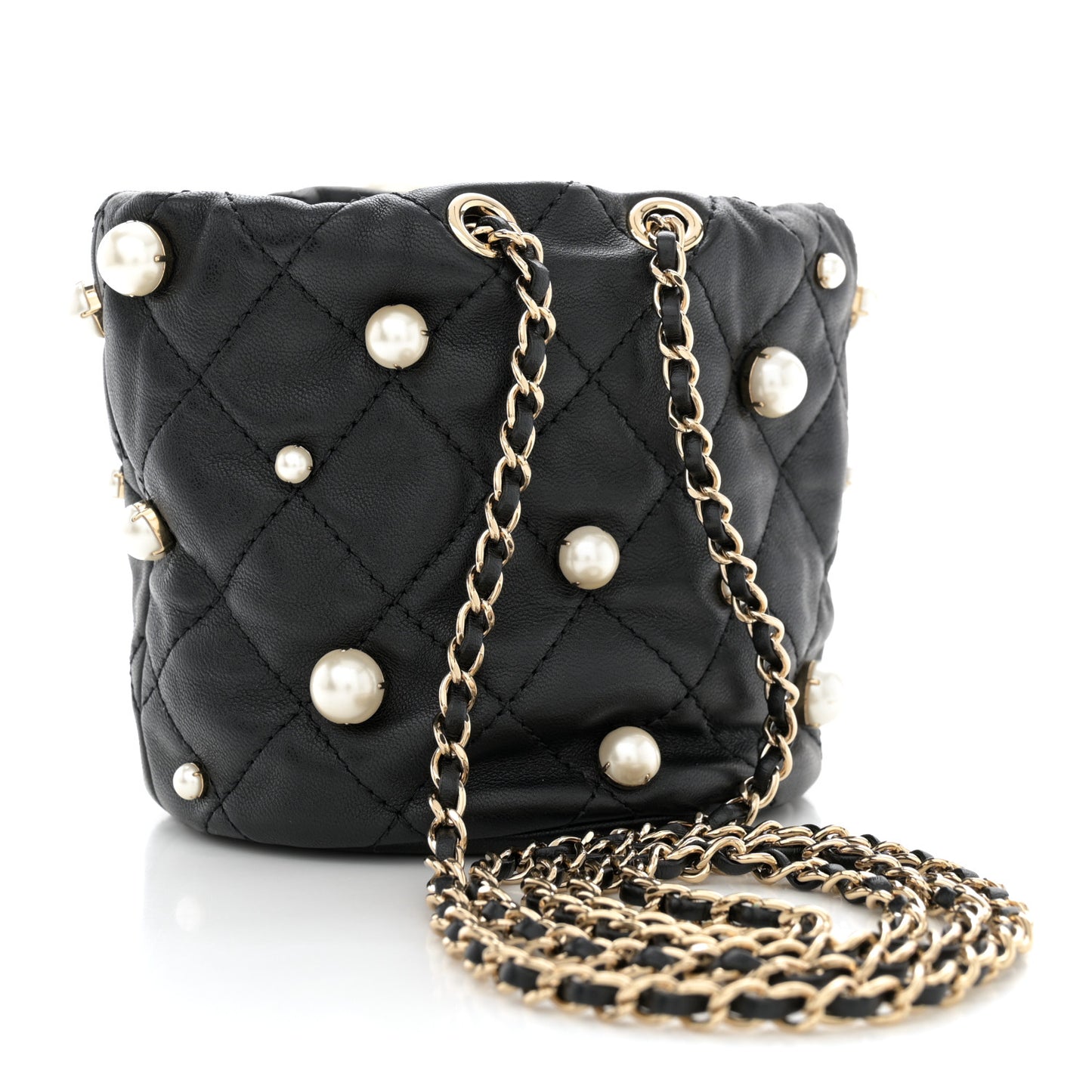 Lambskin Quilted Pearl Mini About Pearls Drawstring Bag Black