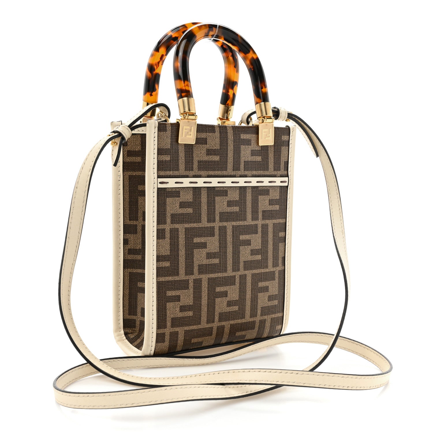 Fendi Glazed Fabric Vitello King Plexiglass FF 1974 Logo Hairdo Girls Inlay Mini Fendi Sunshine Shopper Tote Mogano Panna Multicolor 3 of 15