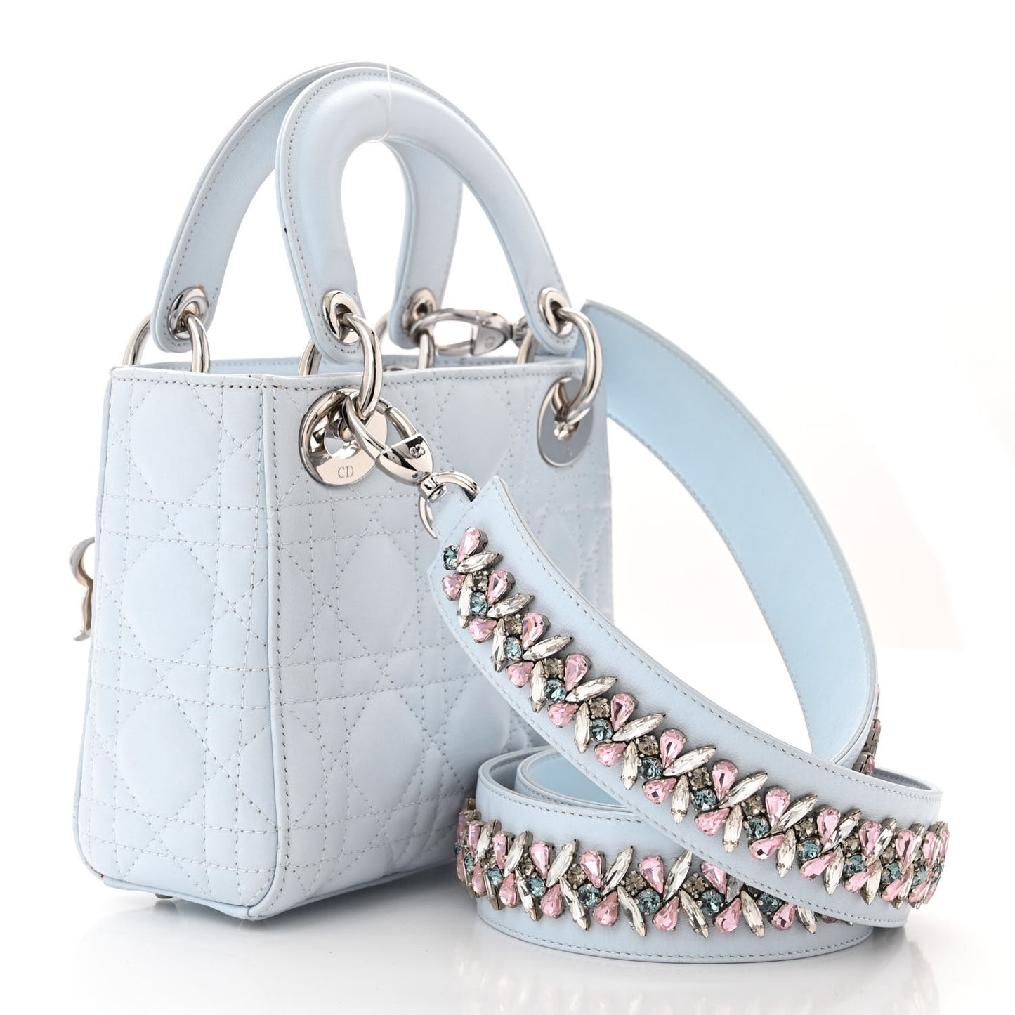 Lambskin Cannage Mini Lady Dior Crystal Strap Light Blue