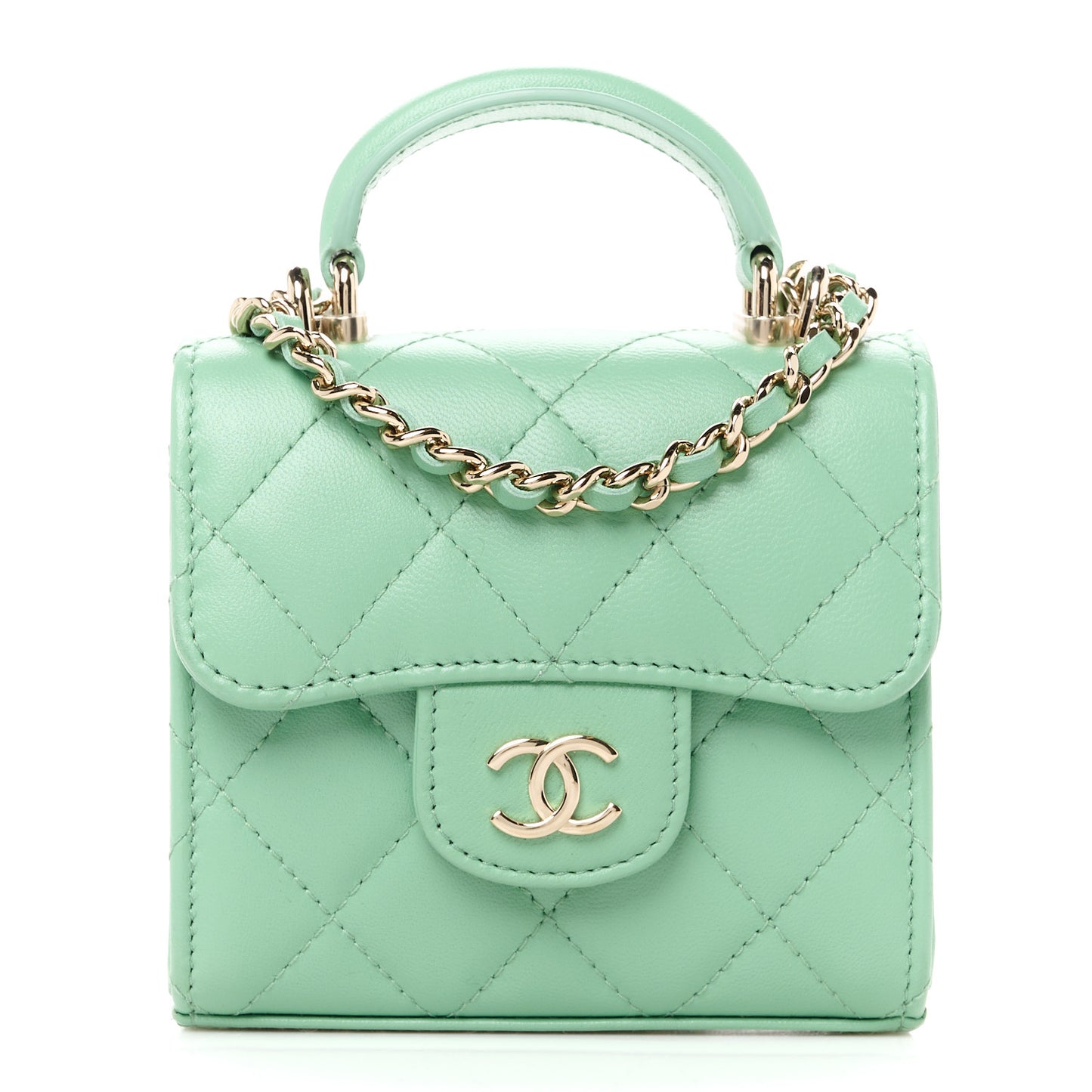 Lambskin Quilted Top Handle Flap Clutch With Chain Light Green