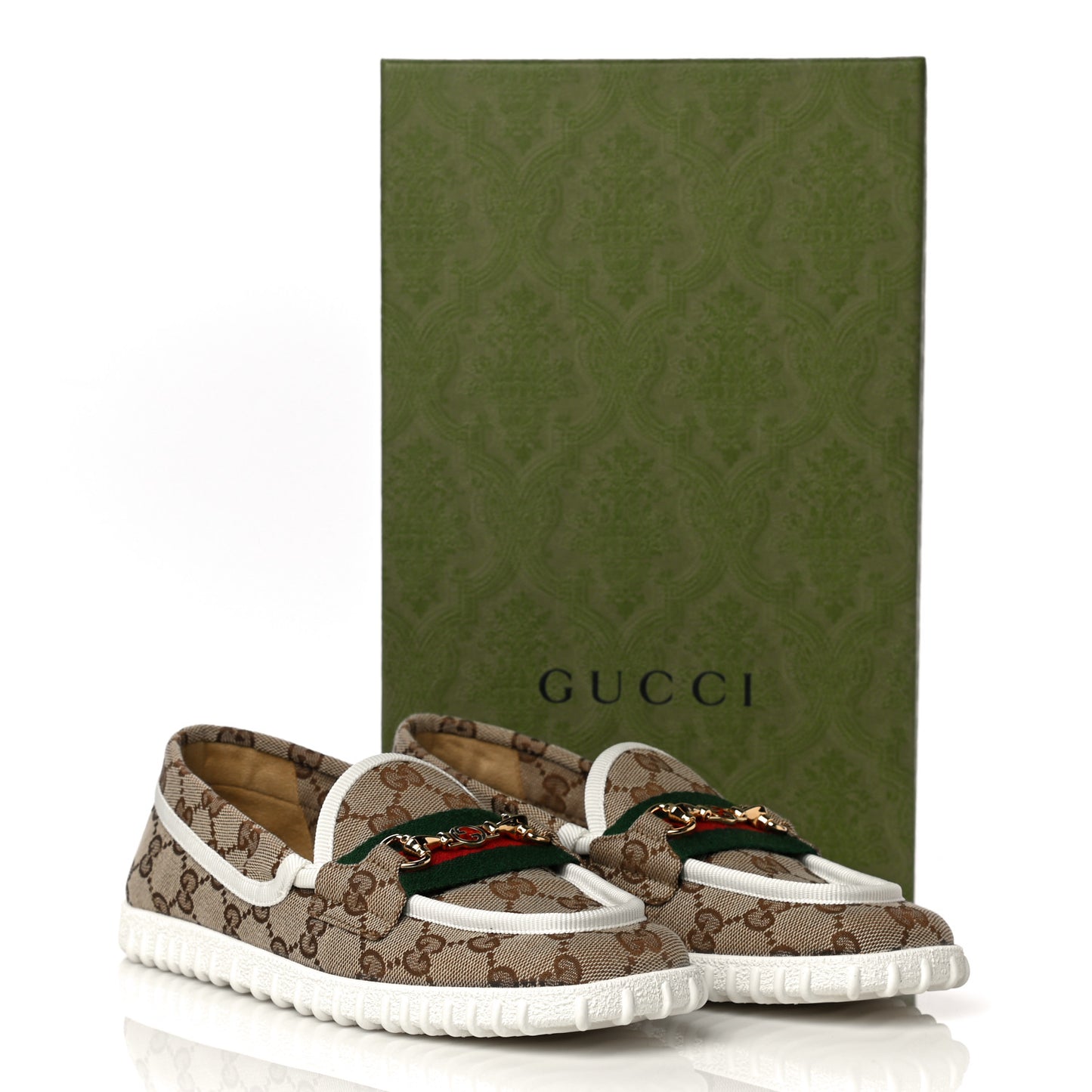 GG Monogram Horsebit Web Womens Driver Loafers 37 Beige Ebony White