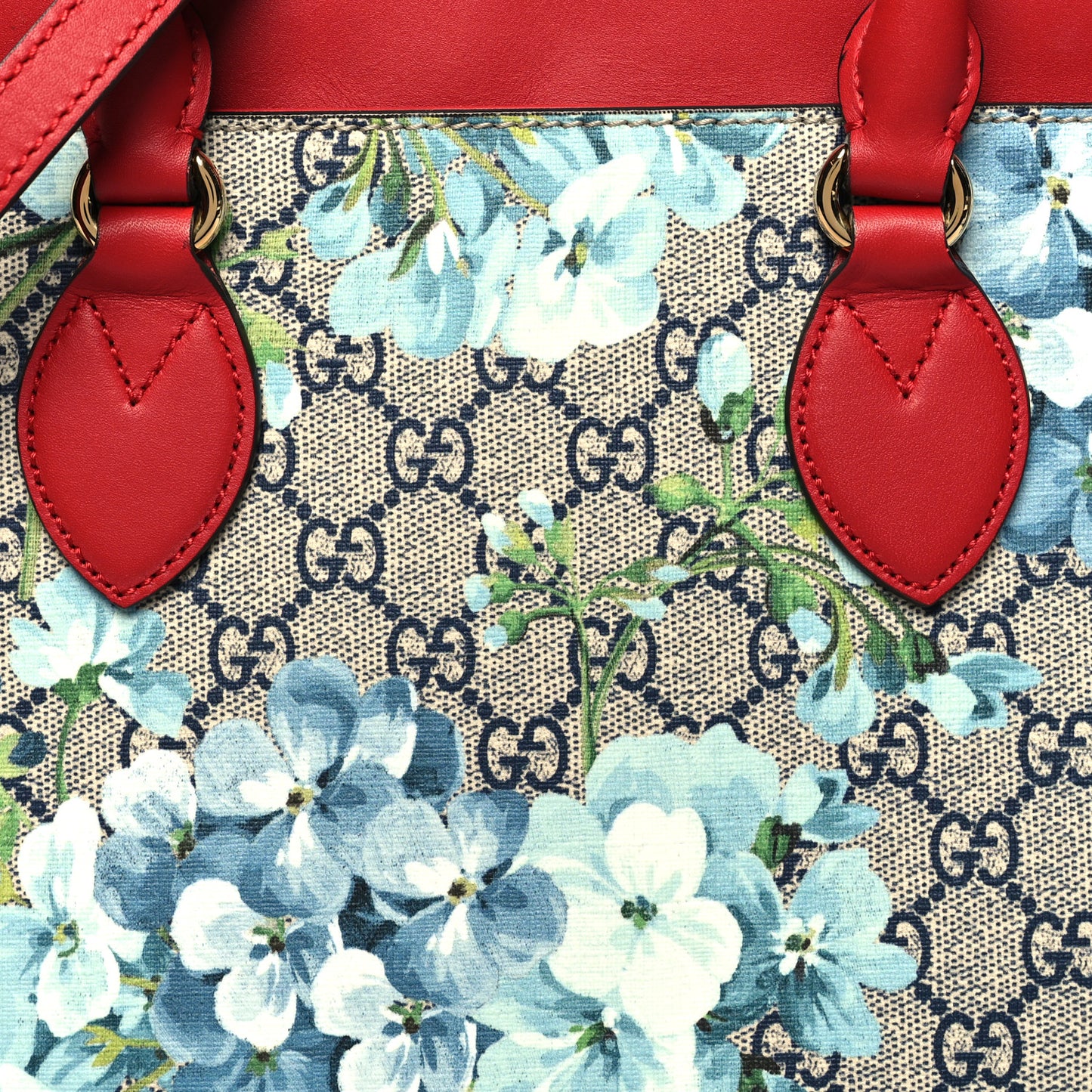 GG Supreme Monogram Blooms Medium Zip Top Tote Beige Blue Navy Hibiscus Red
