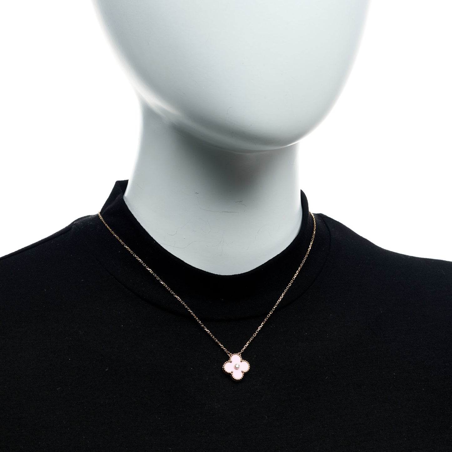 18K Rose Gold Diamond Pink Porcelain Vintage Alhambra Pendant Necklace
