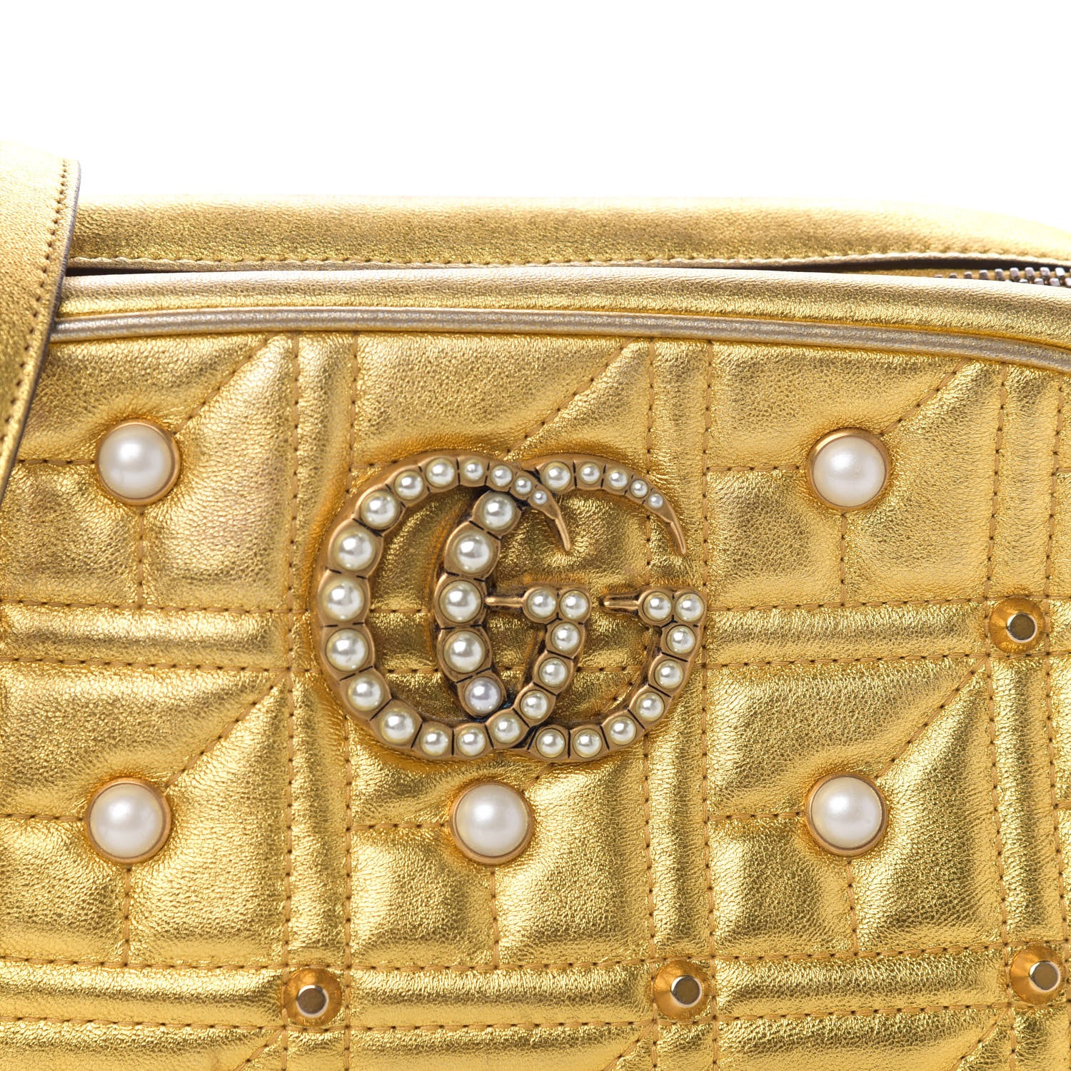 Gucci Metallic Calfskin Matelasse Studded Small Pearly GG Marmont Chain Shoulder Bag Gold 12 of 12