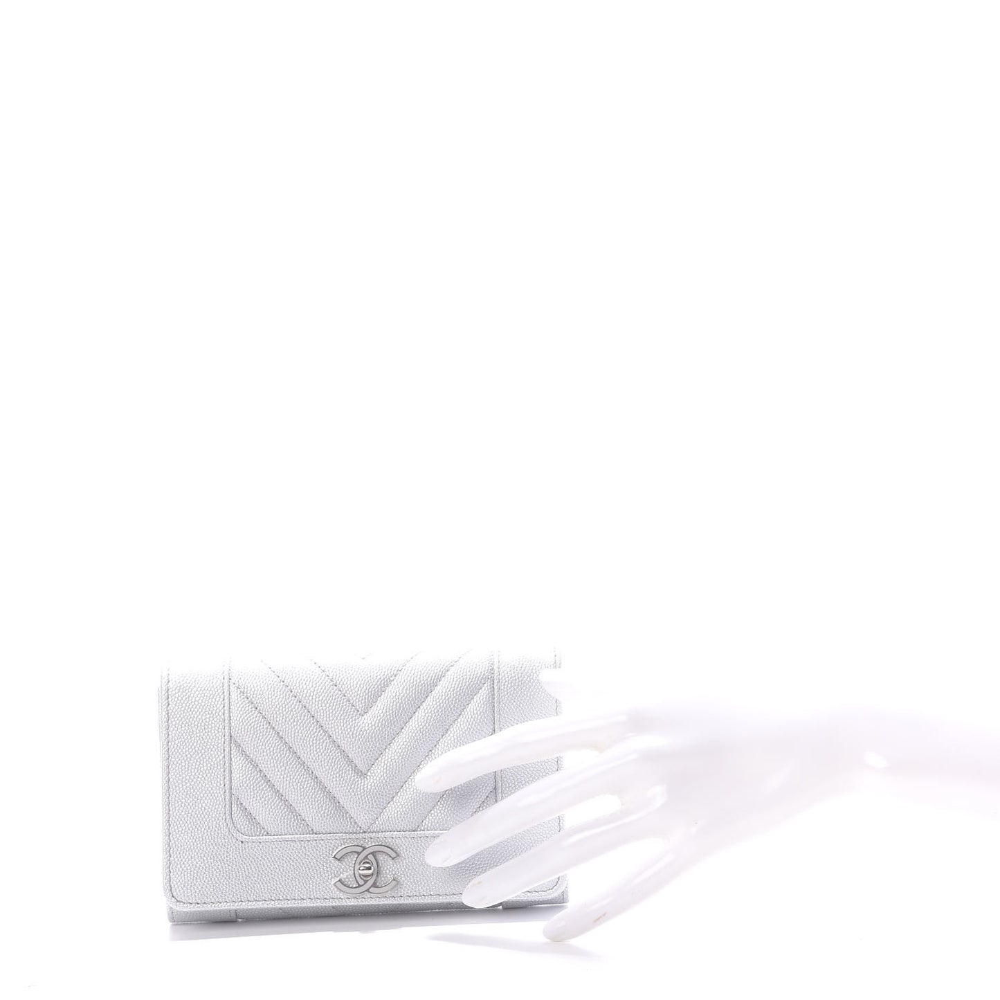 Metallic Caviar Chevron Quilted Mademoiselle Vintage Flap Wallet Silver