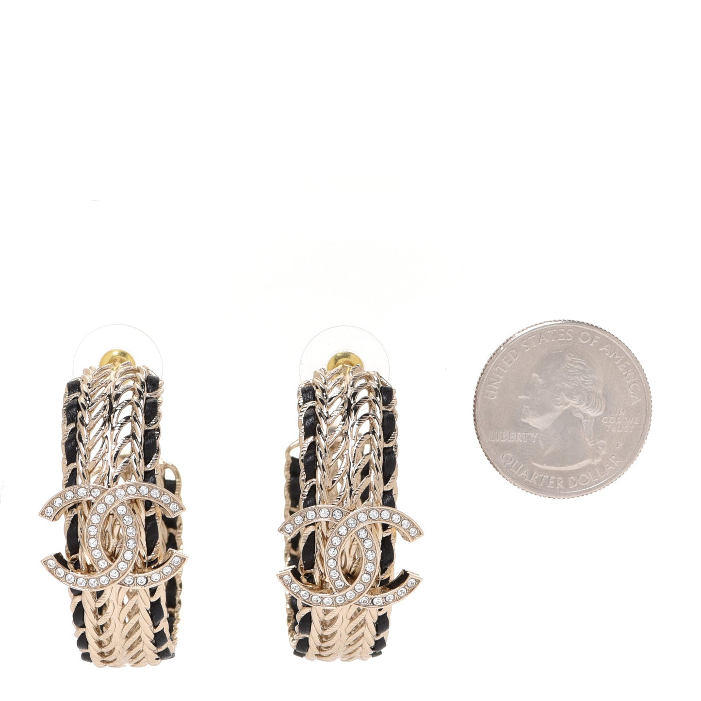 Crystal Lambskin CC Chain Hoop Earrings Gold Black