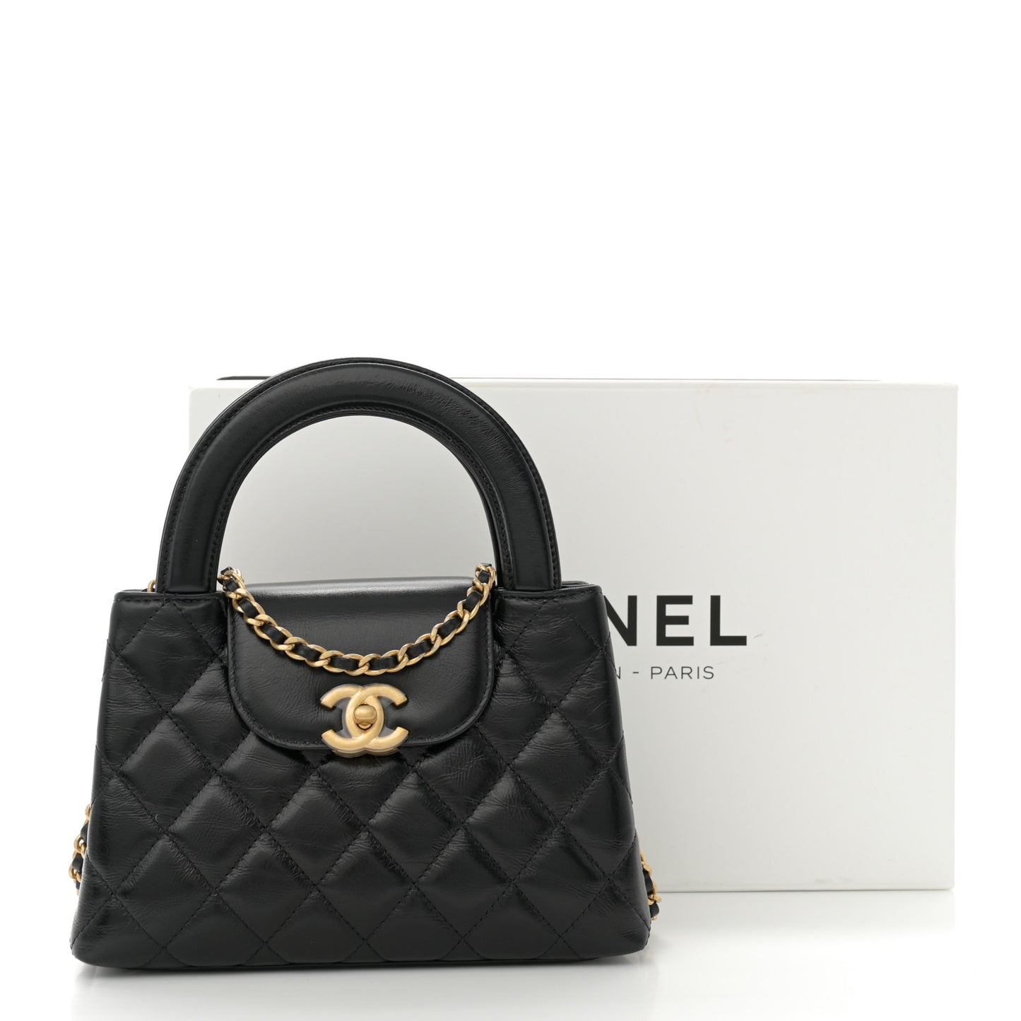 Shiny Aged Calfskin Quilted Nano Kelly Shopper Black
