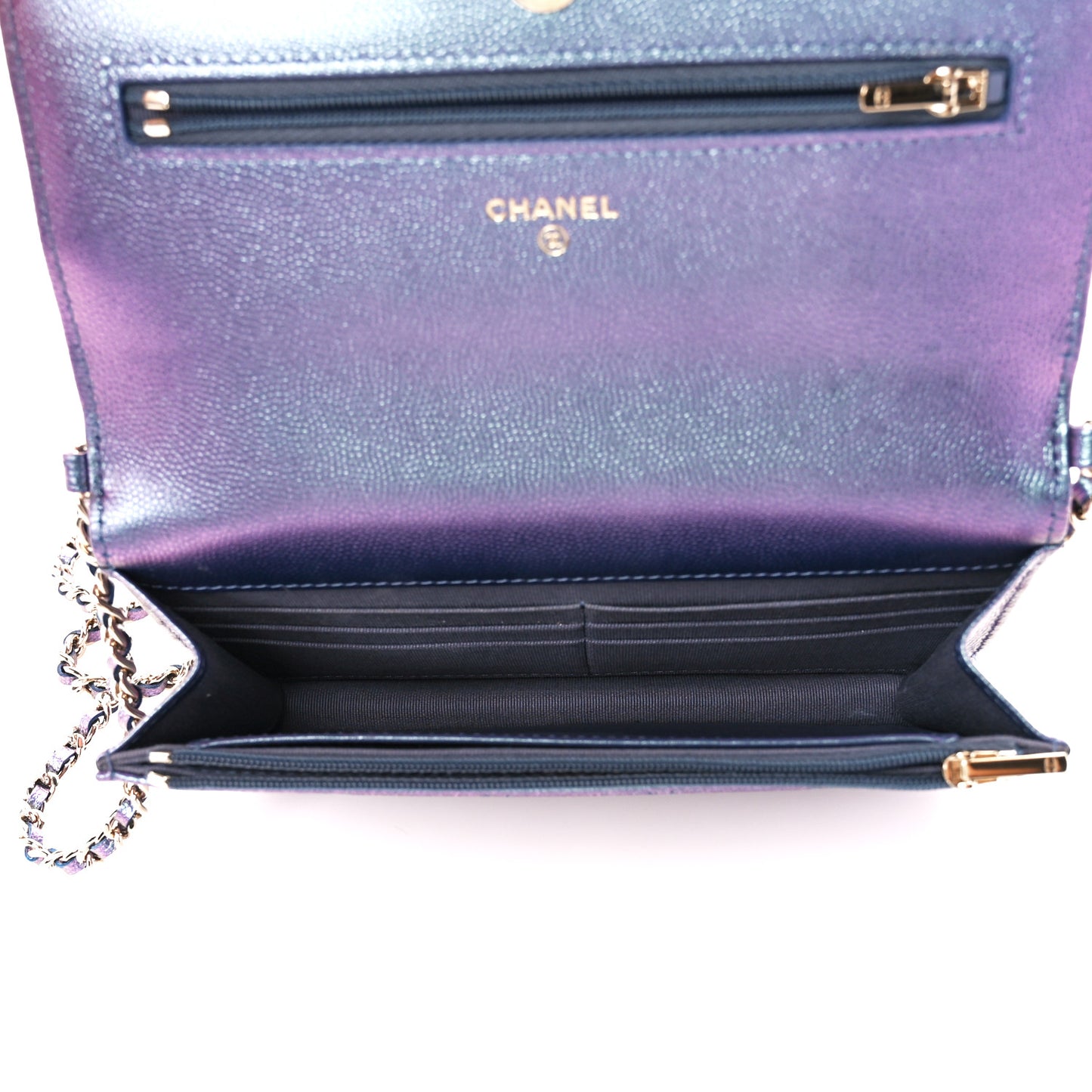 Iridescent Caviar Quilted Wallet on Chain WOC Dark Blue