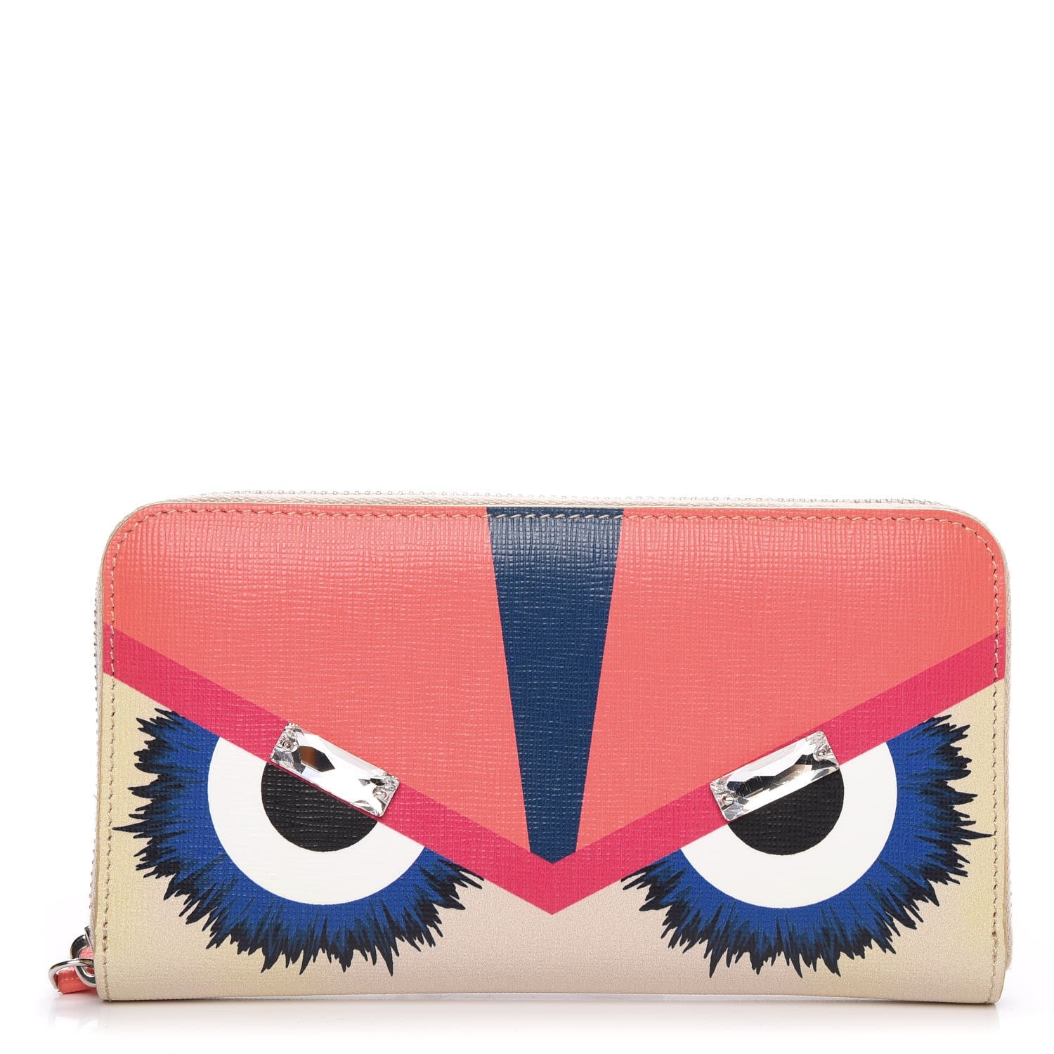 Fendi Vitello Elite Crystal Eye Monster Zip Around Wallet Bellini 