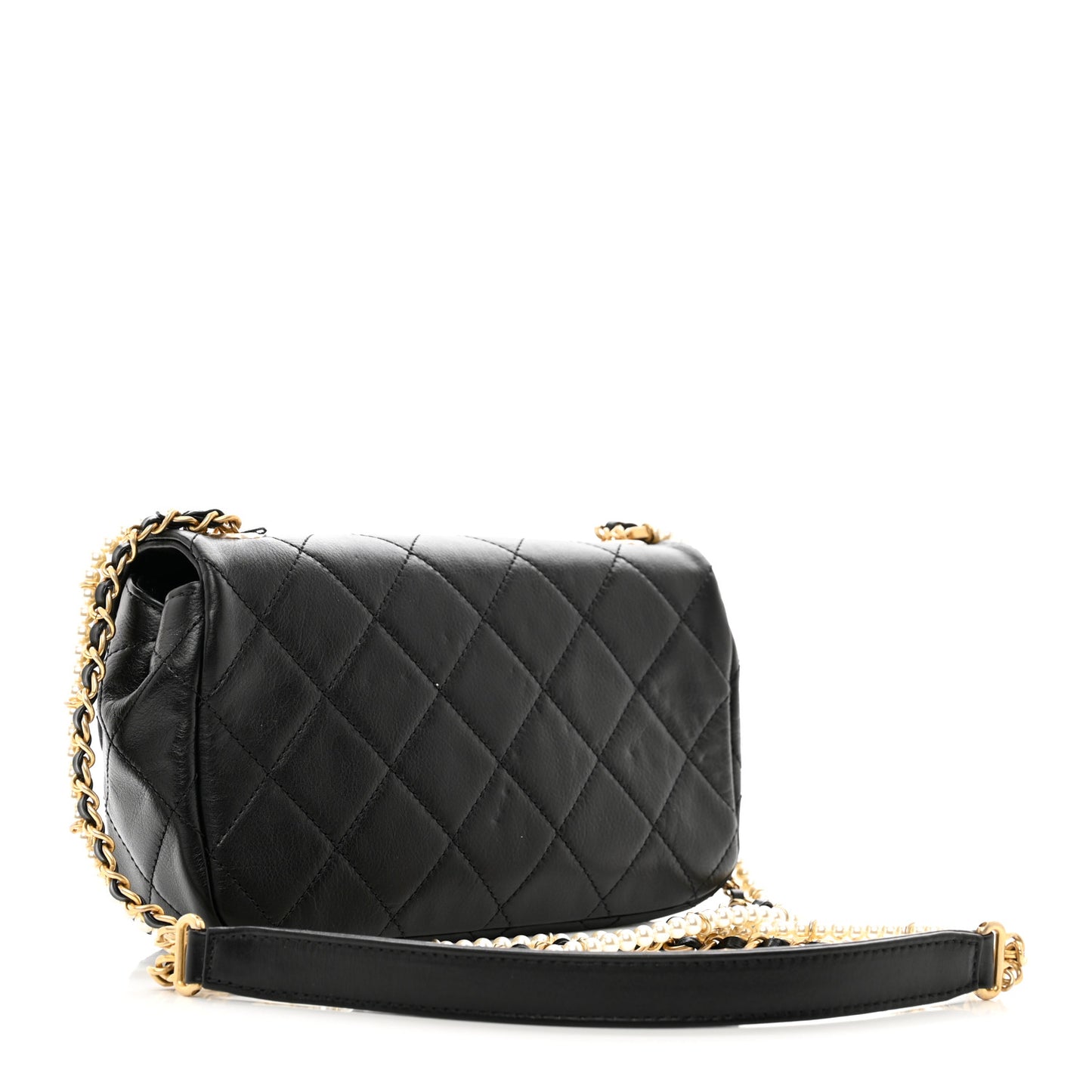 Calfskin Quilted Mini Rectangular Crystal Pearls Chain Flap Black