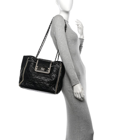 Glazed Lambskin Quilted Large North South Tote Black