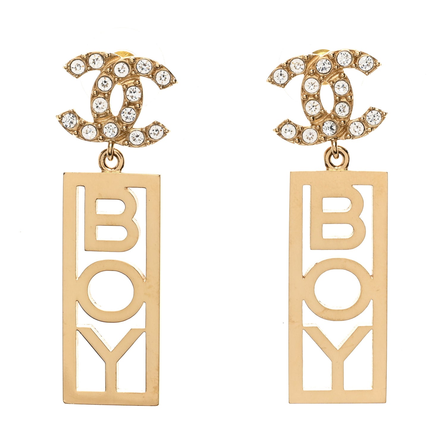 Metal Crystal CC Boy Drop Earrings Gold
