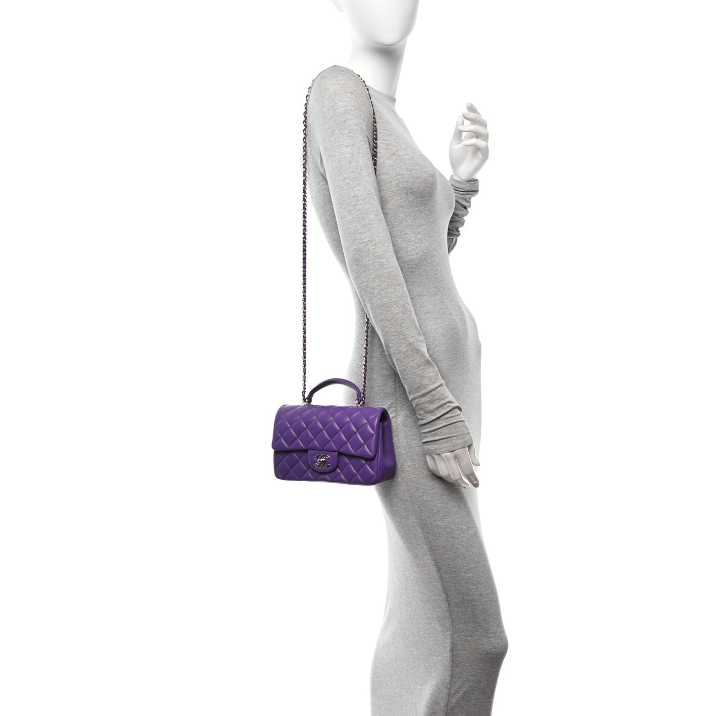 Lambskin Quilted Mini Top Handle Rectangular Flap Dark Purple