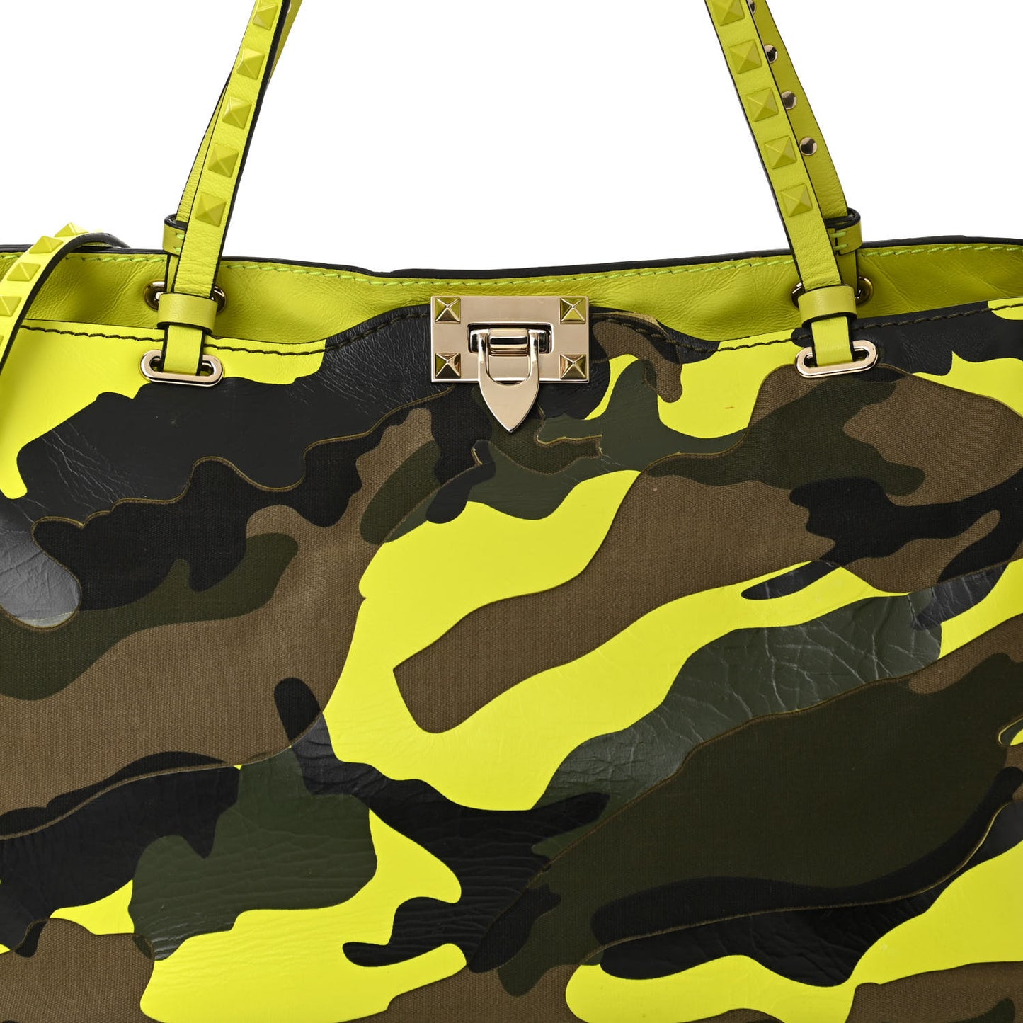 Nappa Canvas Camouflage Medium Rockstud Tote Green Fluo Yellow