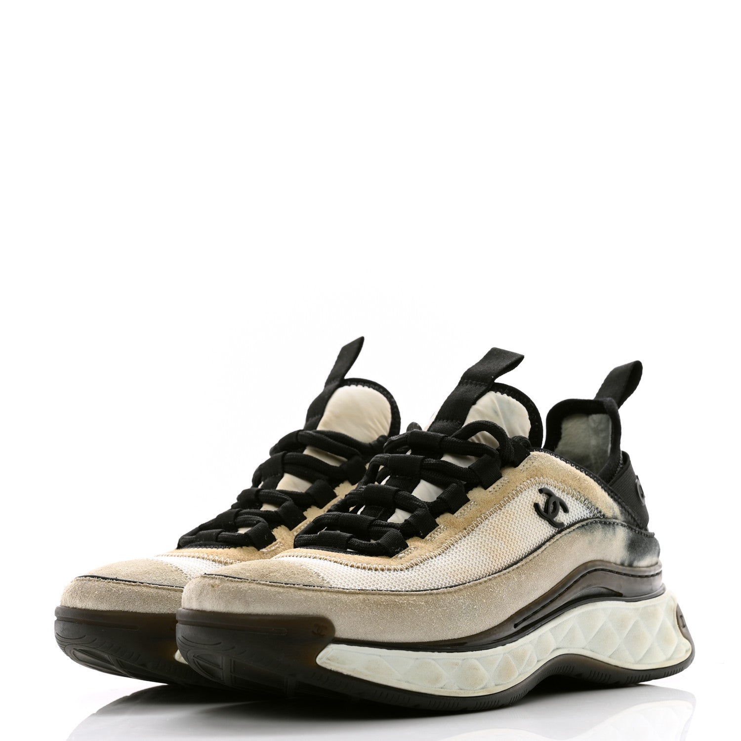 Chanel Fabric Suede Calfskin CC Sneakers 37 Ivory Black 3 of 11