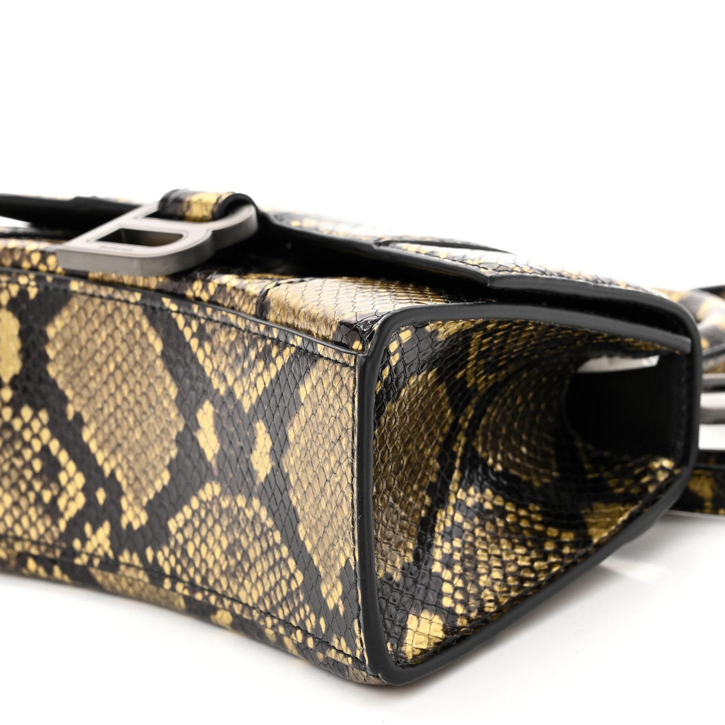 Shiny Calfskin Snakeskin Embossed Hourglass Top Handle Bag XS Gold Black