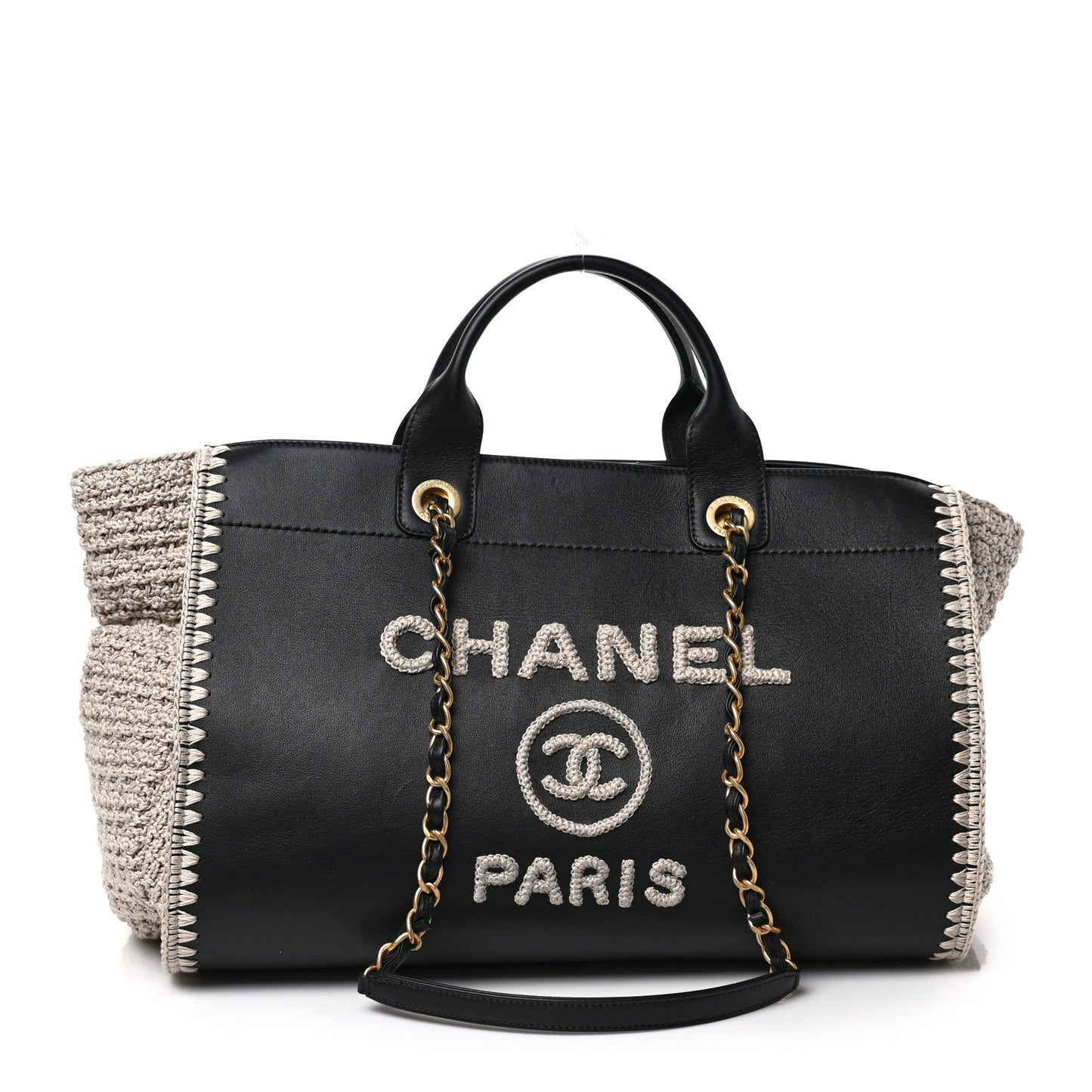 Calfskin Knit Medium Deauville Tote Black Beige