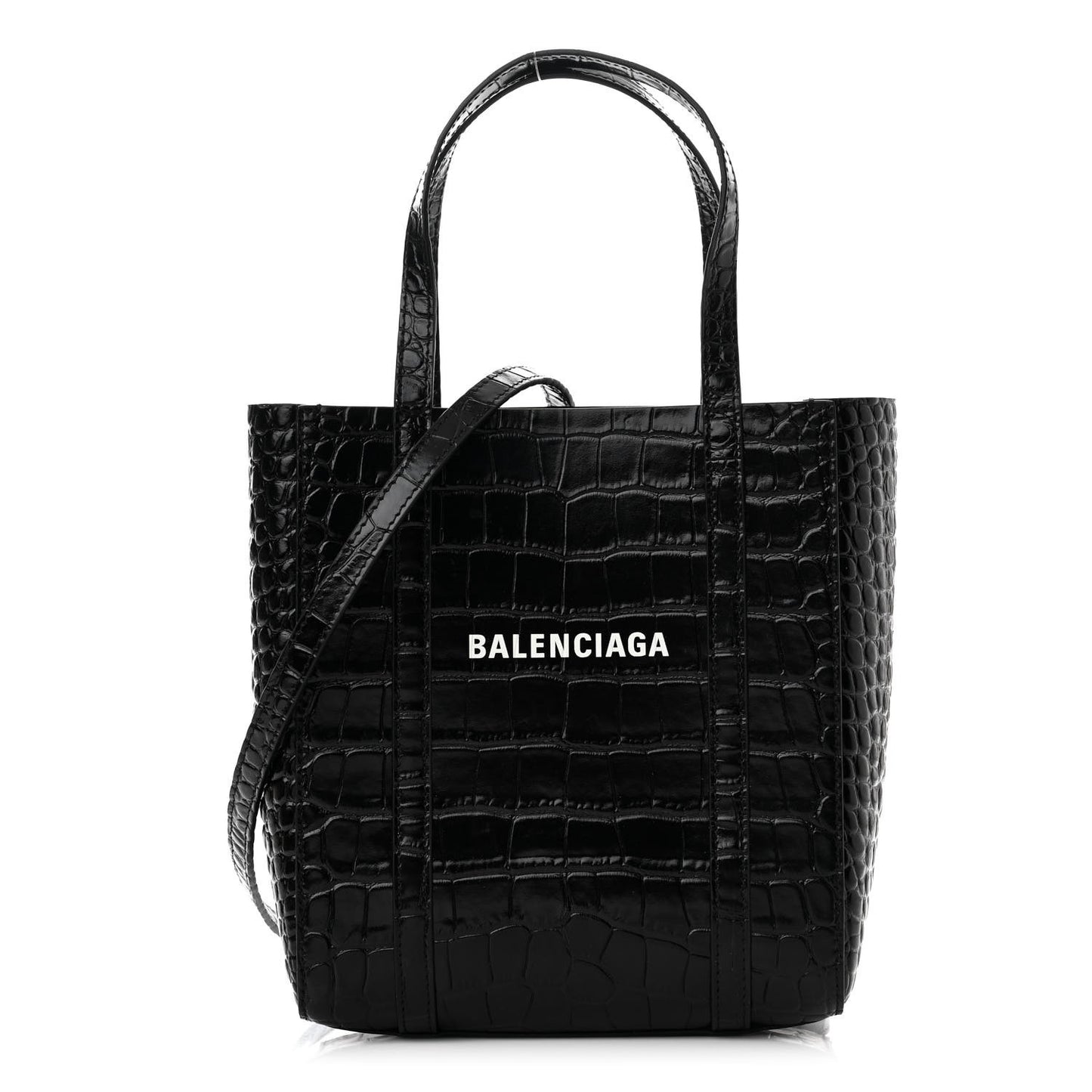 Shiny Calfskin Logo Crocodile Embossed XXS Everyday Tote Black