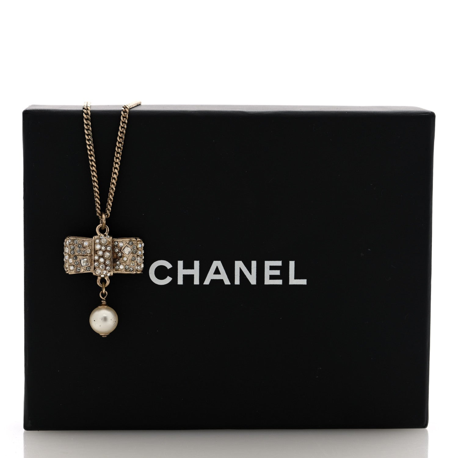 Chanel Metal Crystal Pearl CC Bow Necklace Gold 6 of 6