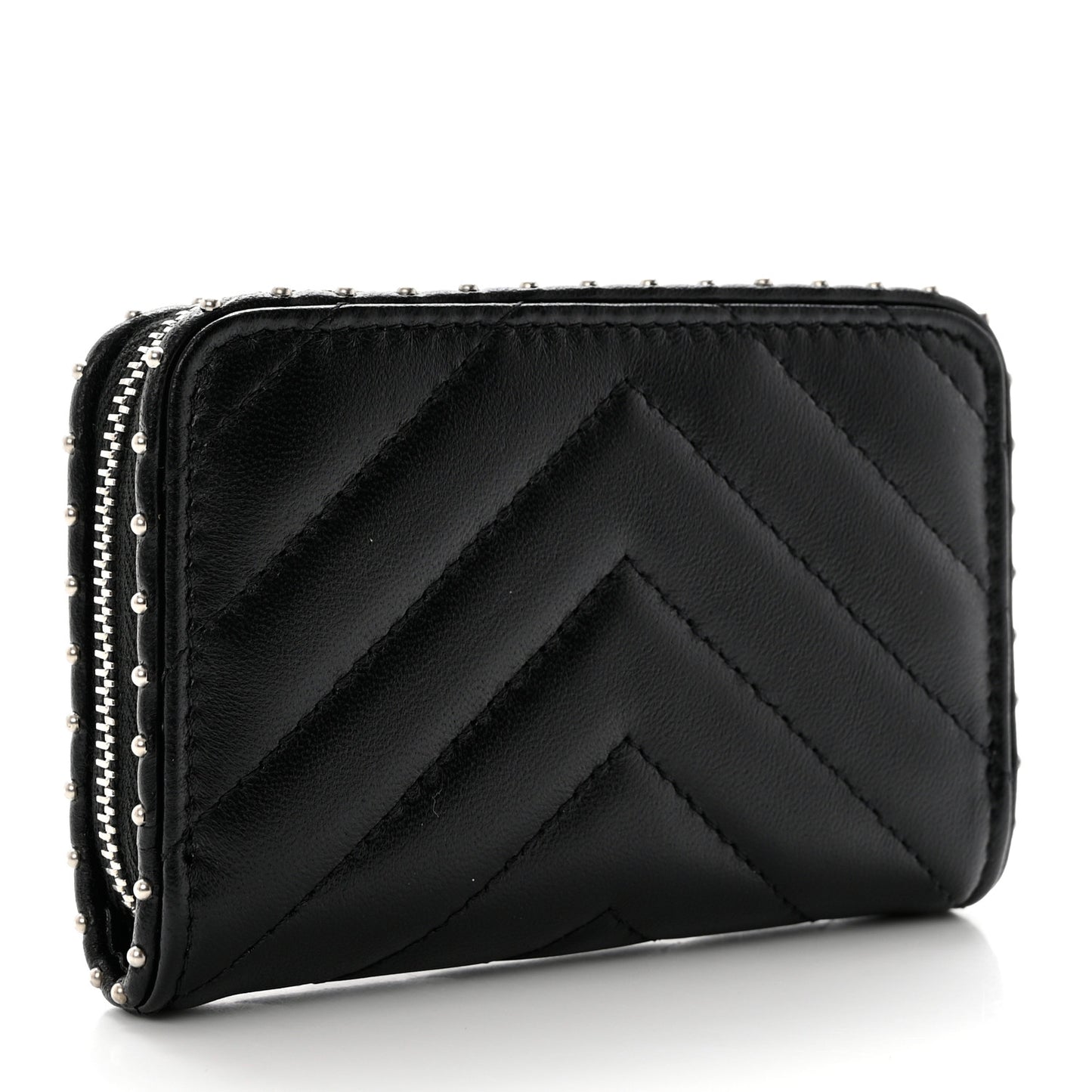 Lambskin Chevron Quilted Studded Zip Around Coin Purse Black