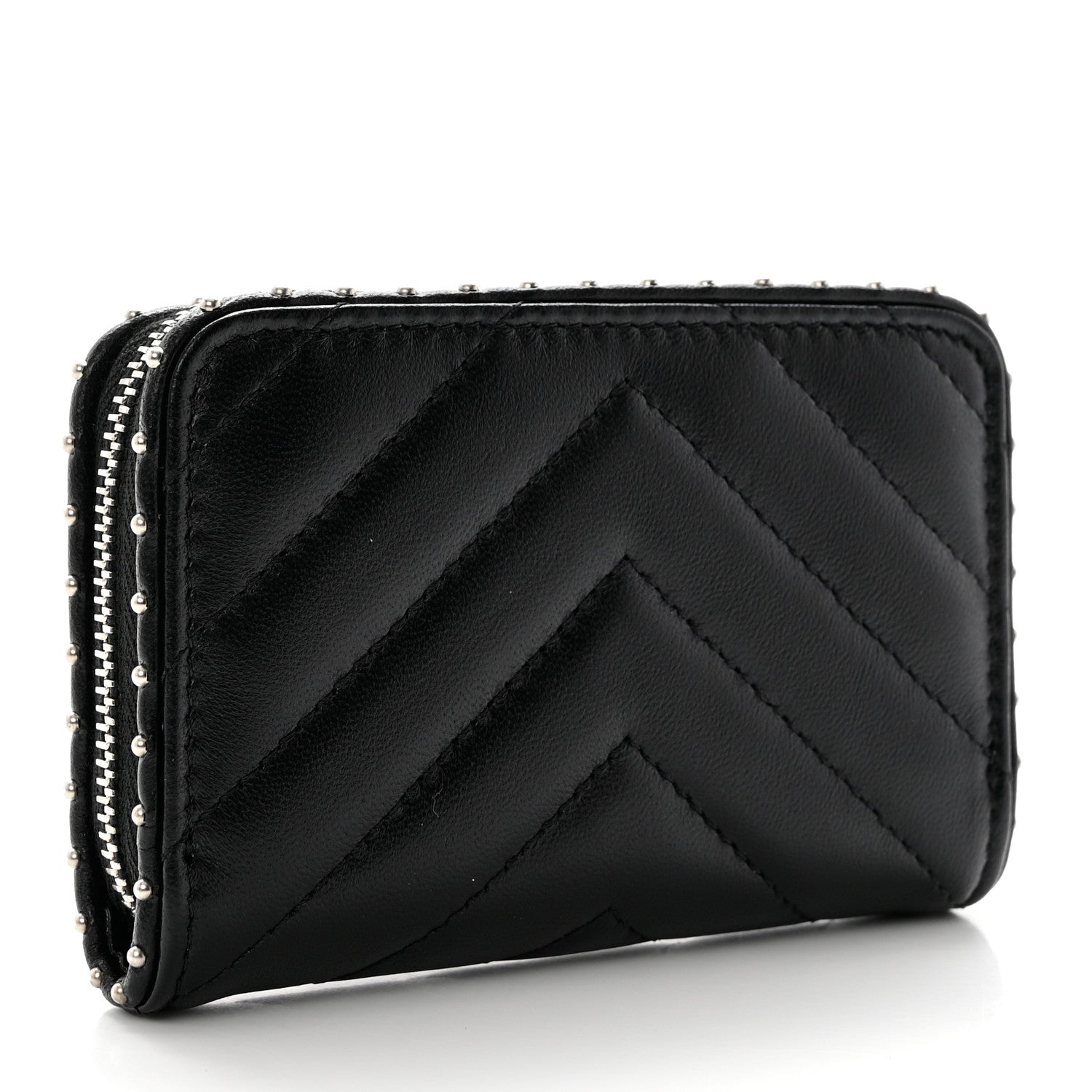 Chanel Lambskin Chevron Quilted Studded Zip Around Coin Purse Black 3 of 8