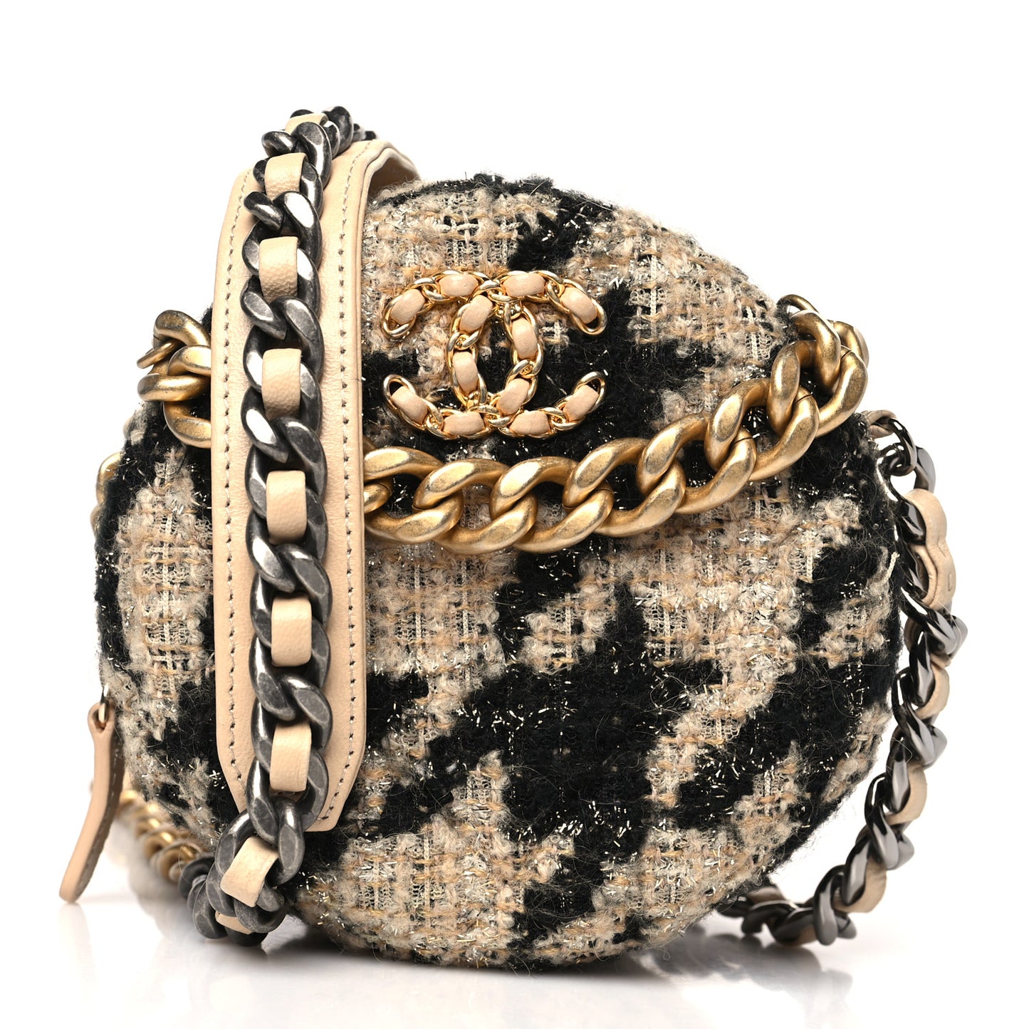 Wool Tweed Lambskin Quilted Chanel 19 Round Clutch With Chain and Coin Purse Beige Black