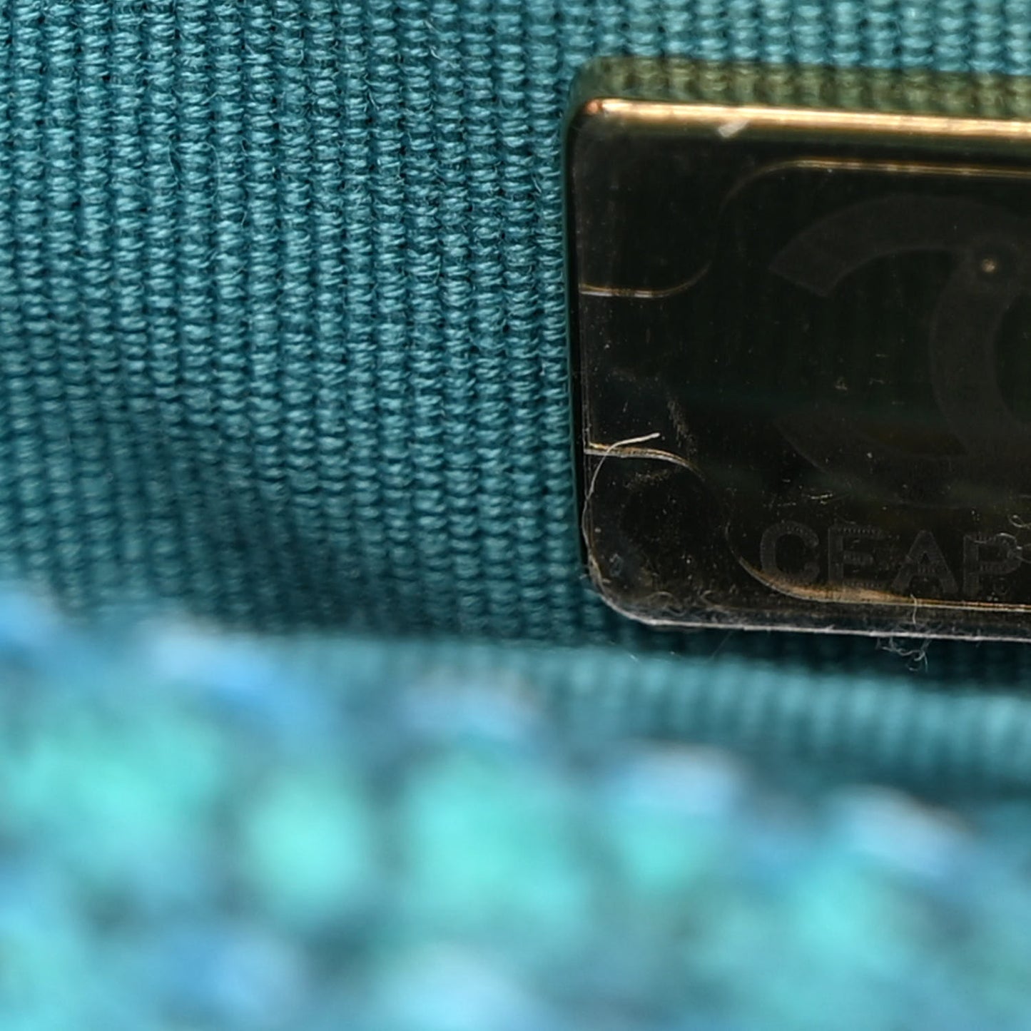 Tweed Enamel Quilted Pending CC Mini Square Flap Blue Green