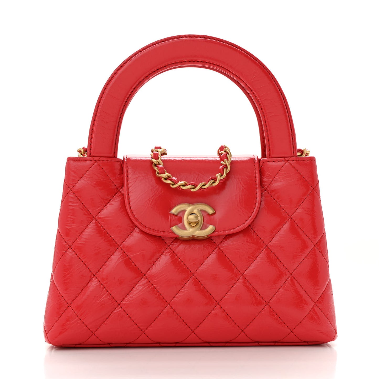Shiny Aged Calfskin Quilted Nano Kelly Shopper Red