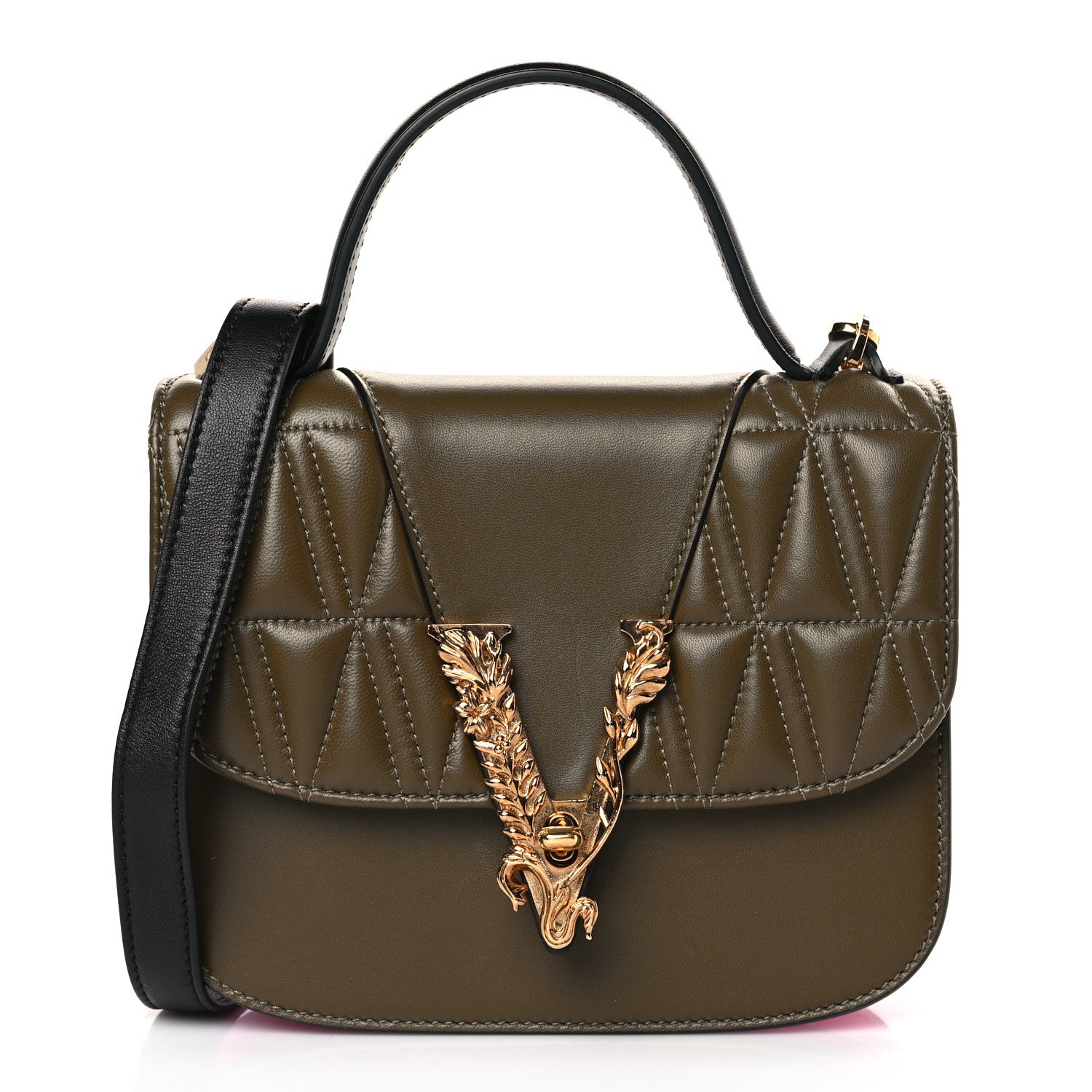 Versace Vitello Barocco Virtus Small Top Handle Shoulder Bag Green Pink 1 of 8