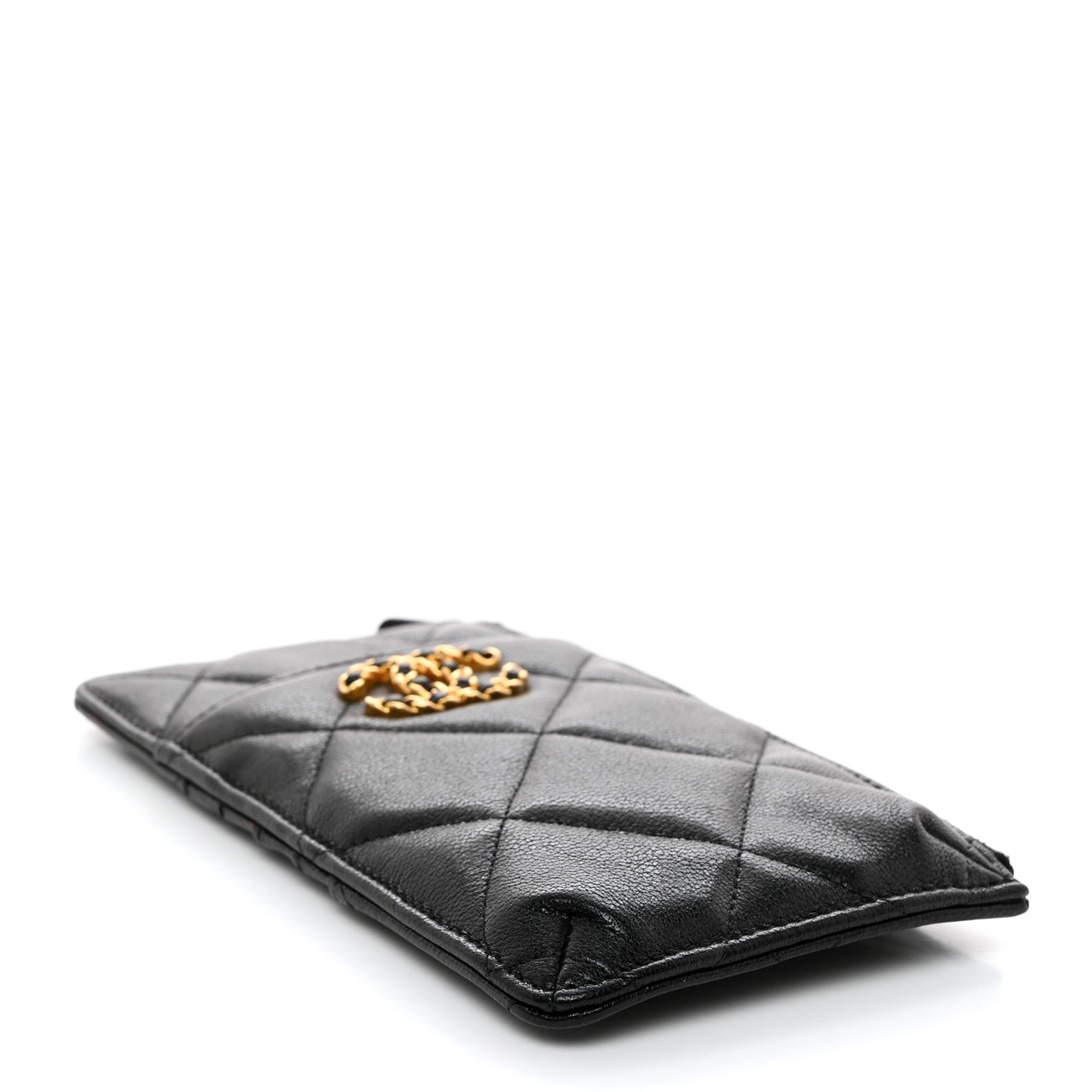 Goatskin Quilted Chanel 19 Flat Wallet Pouch Black