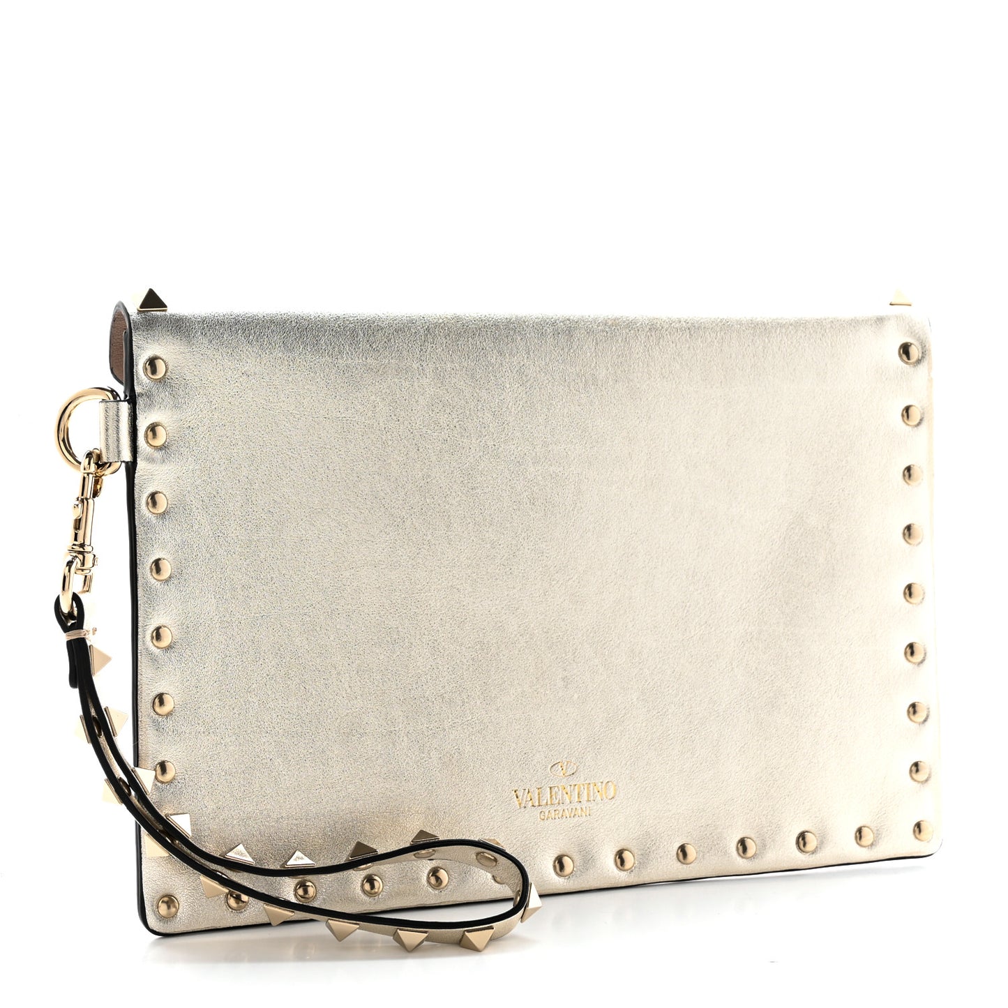 Metallic Calfskin Medium Rockstud Envelope Flat Wristlet Pouch Sahara